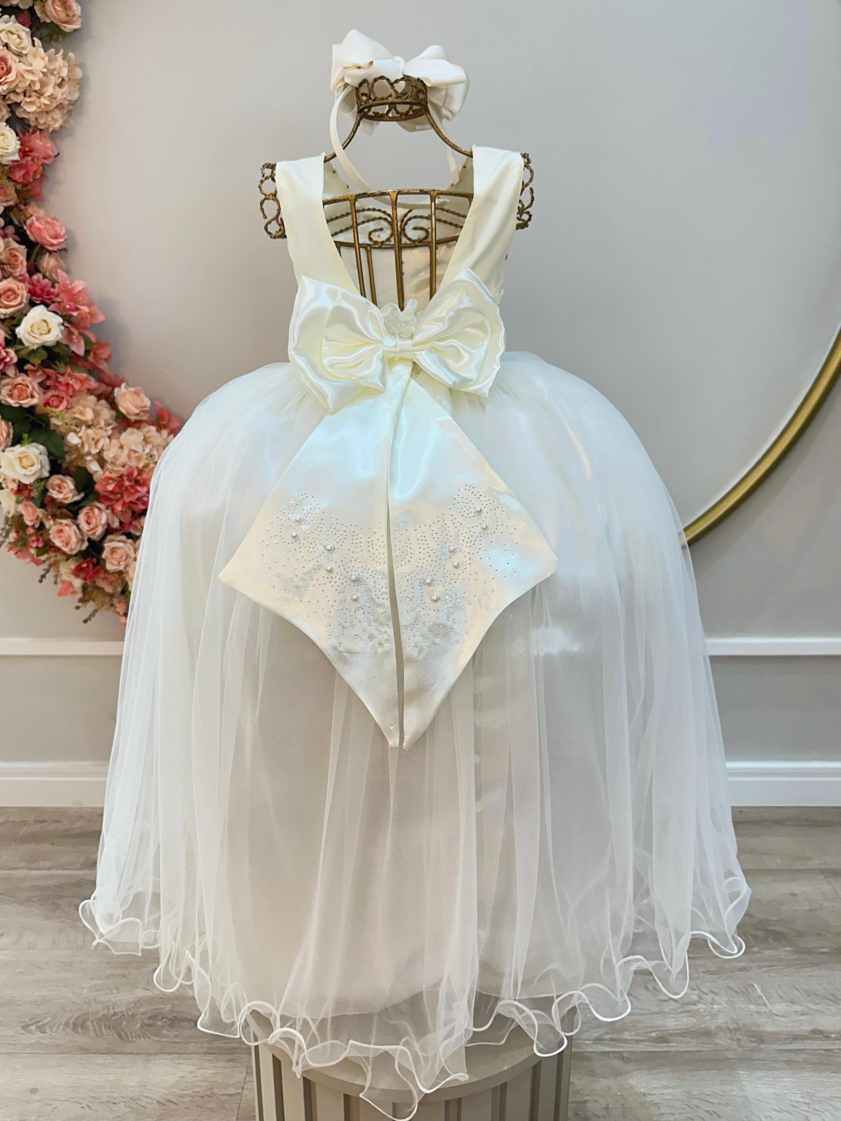 Vestido Infantil Damas de Honra Longo Marfim Claro Pérolas