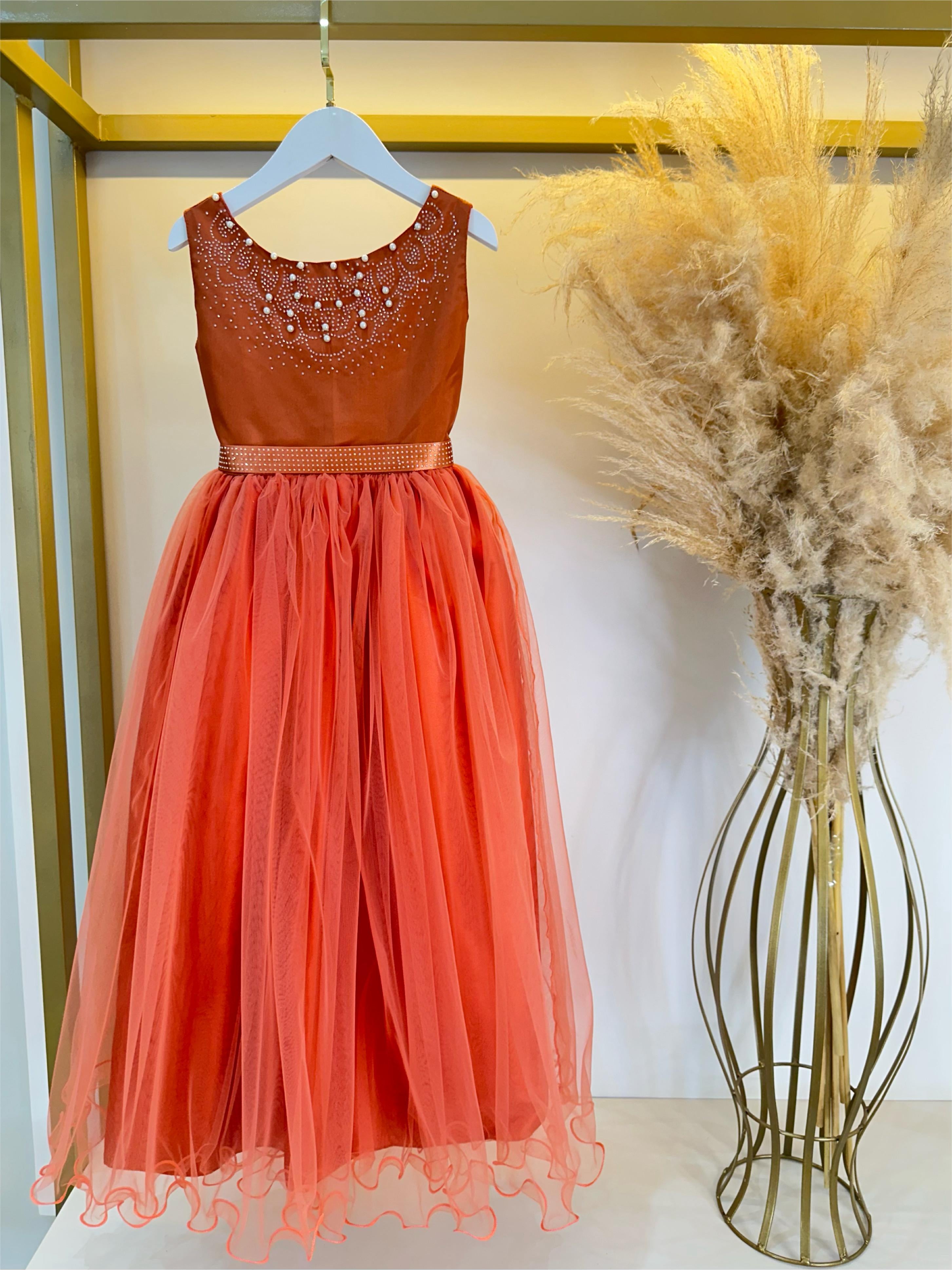 Vestido Infantil Damas de Honra Longo Terracota Strass Pérolas