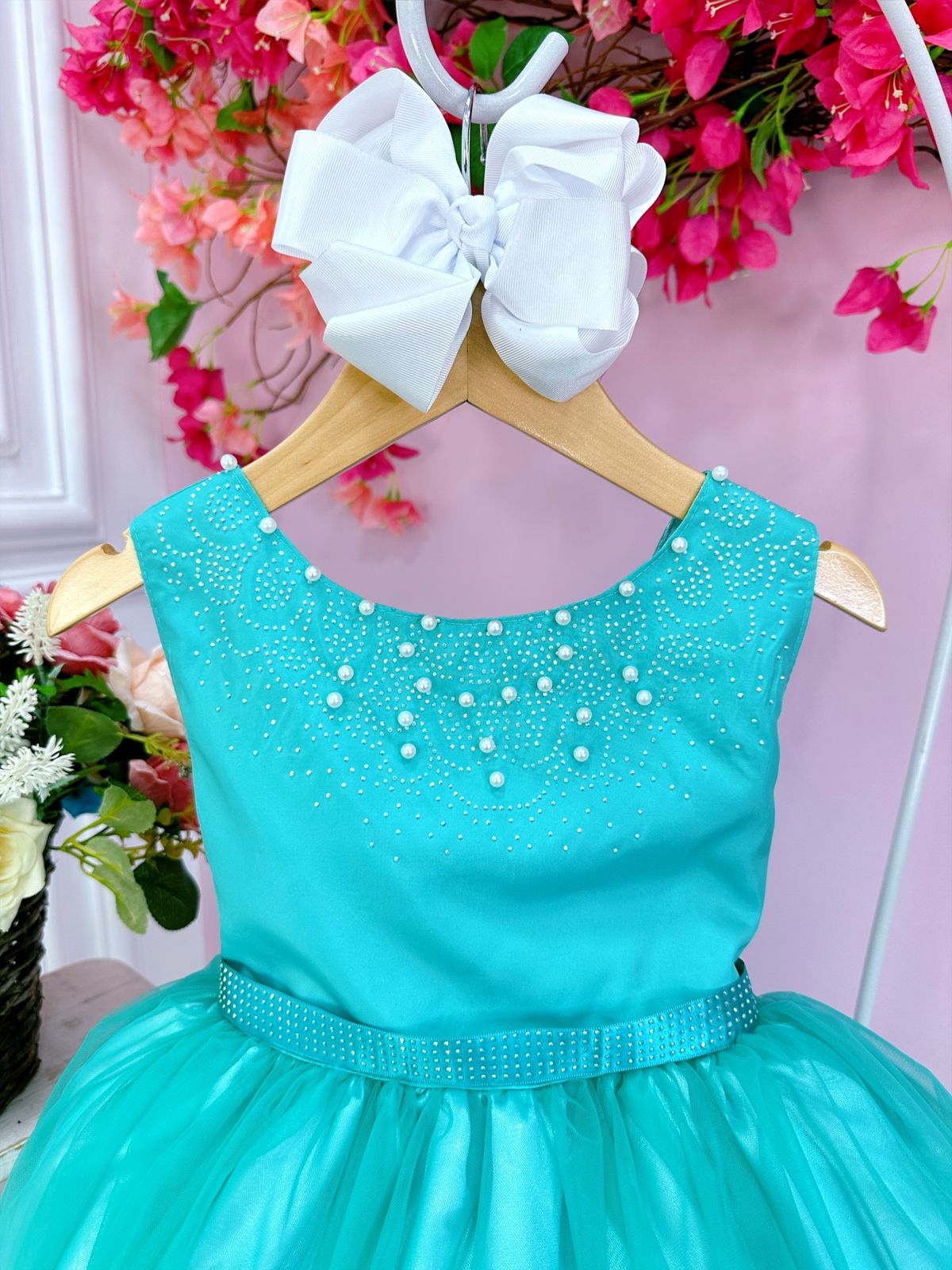 Vestido Infantil Damas de Honra Longo Verde Pérolas Luxo