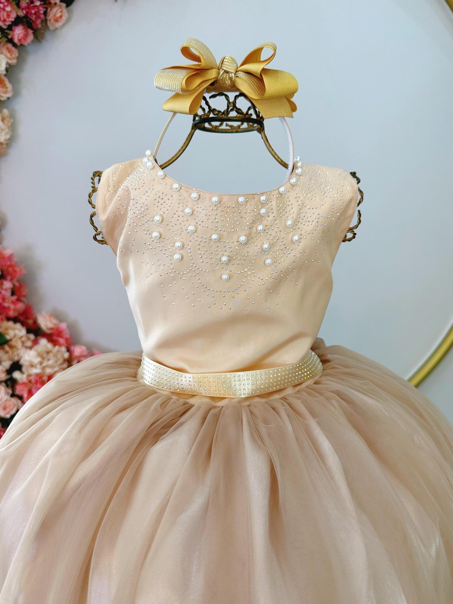Vestido Infantil Dourado Damas de Honra Longo Com Pérolas