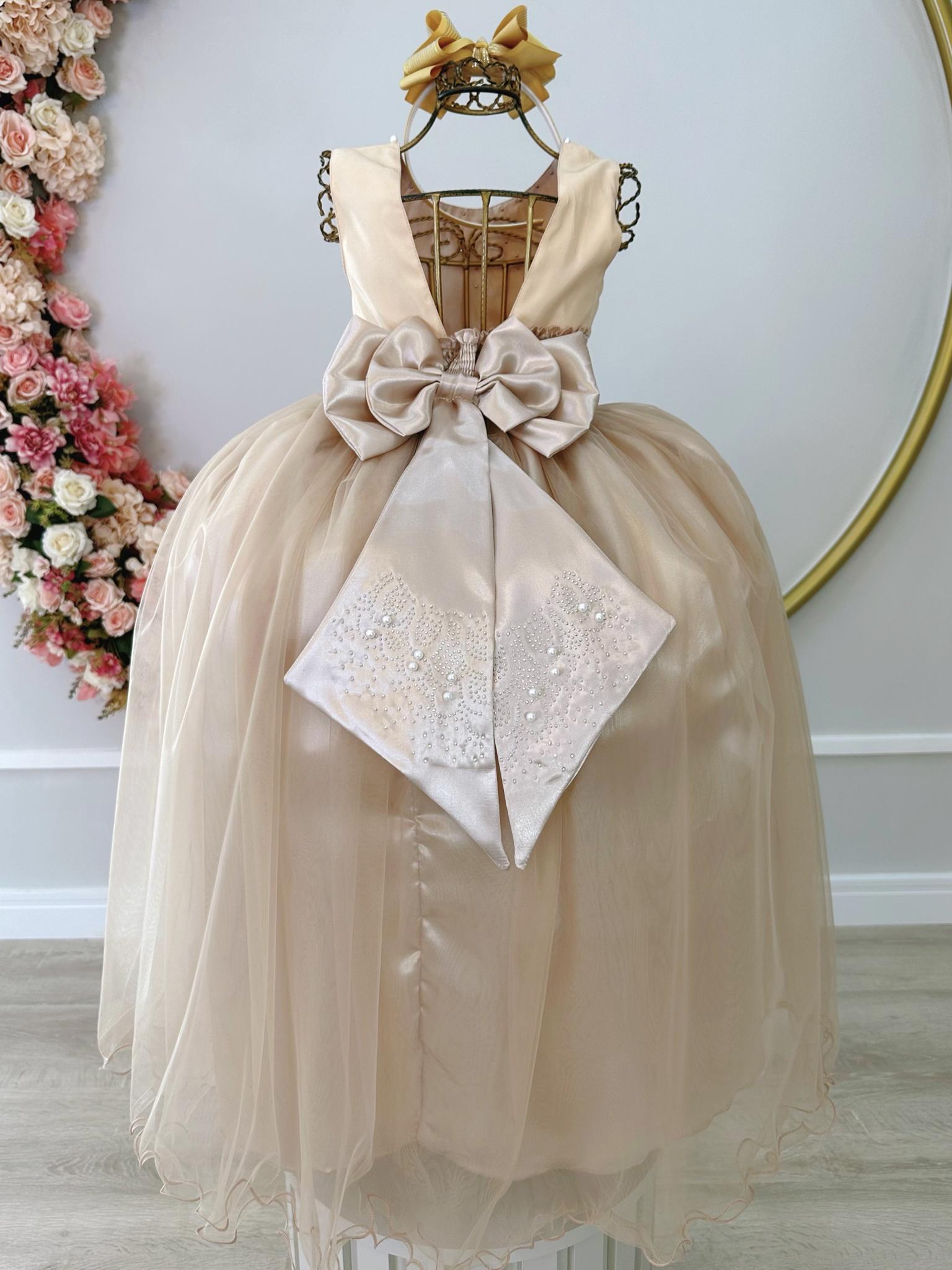 Vestido Infantil Dourado Damas de Honra Longo Com Pérolas