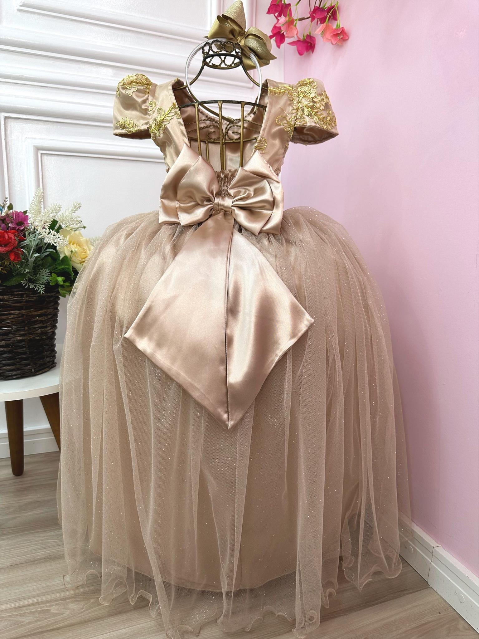 Vestido Infantil Dourado Longo Damas C/ Renda Realeza Metalizada