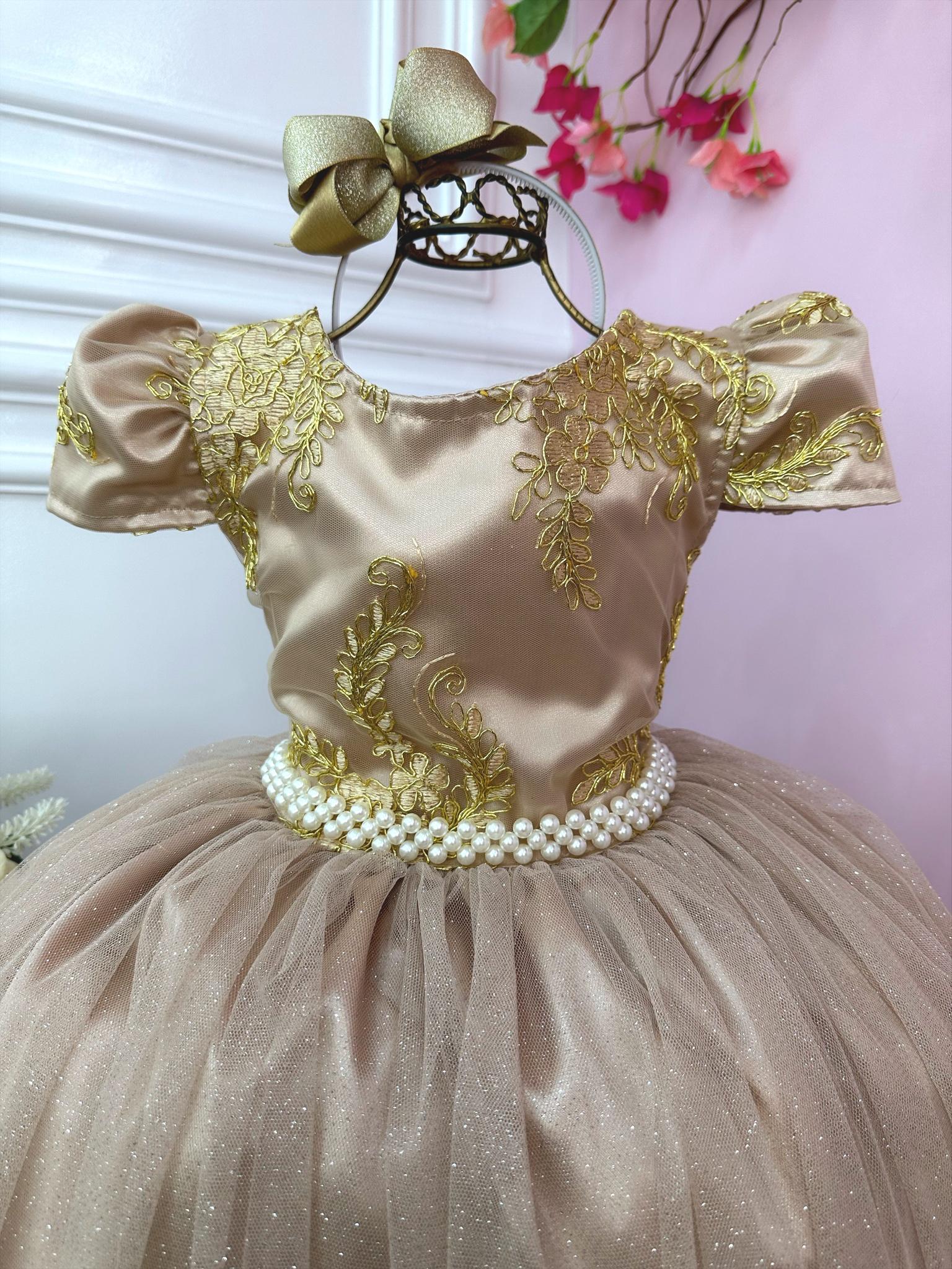 Vestido Infantil Dourado Longo Damas C/ Renda Realeza Metalizada