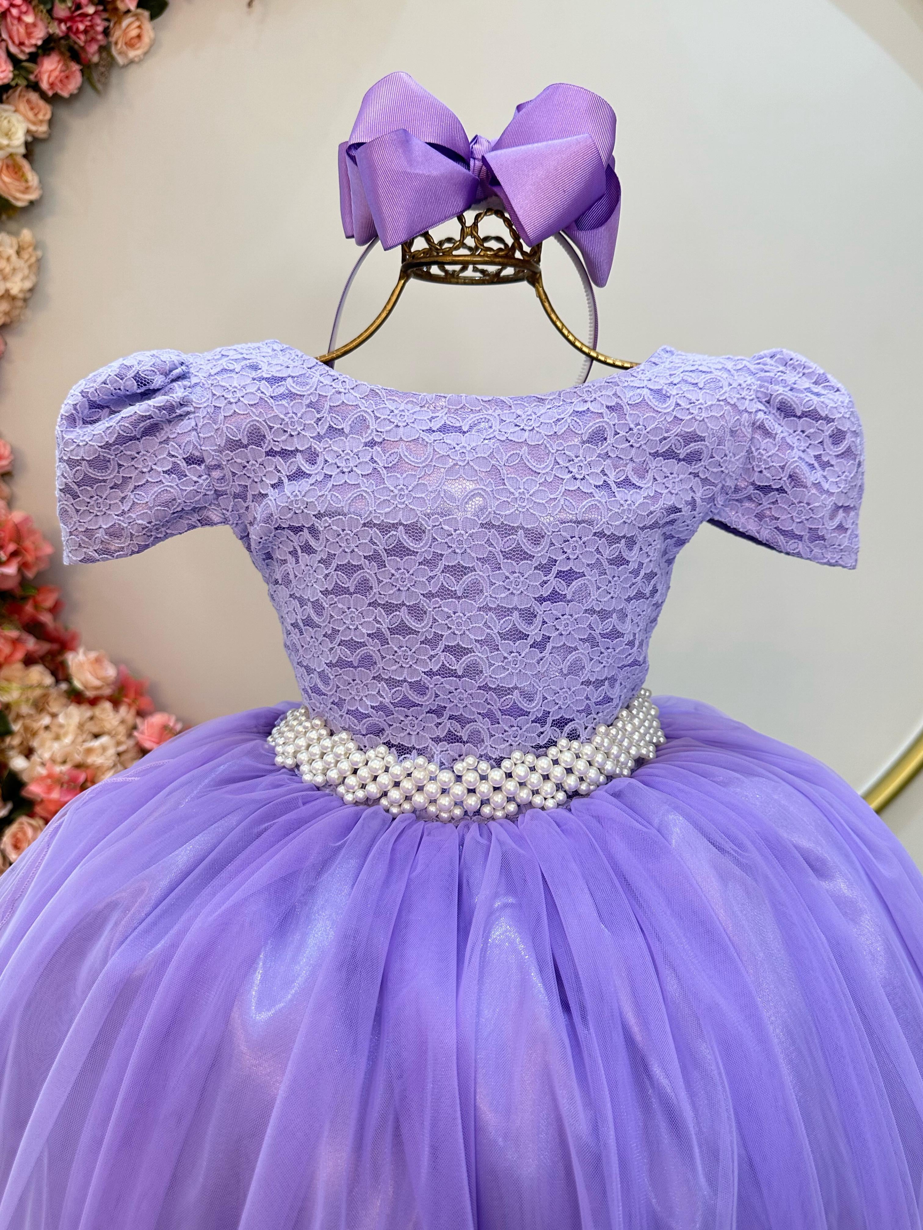 Vestido Infantil Lilás C/ Renda Realeza e Pérolas Damas
