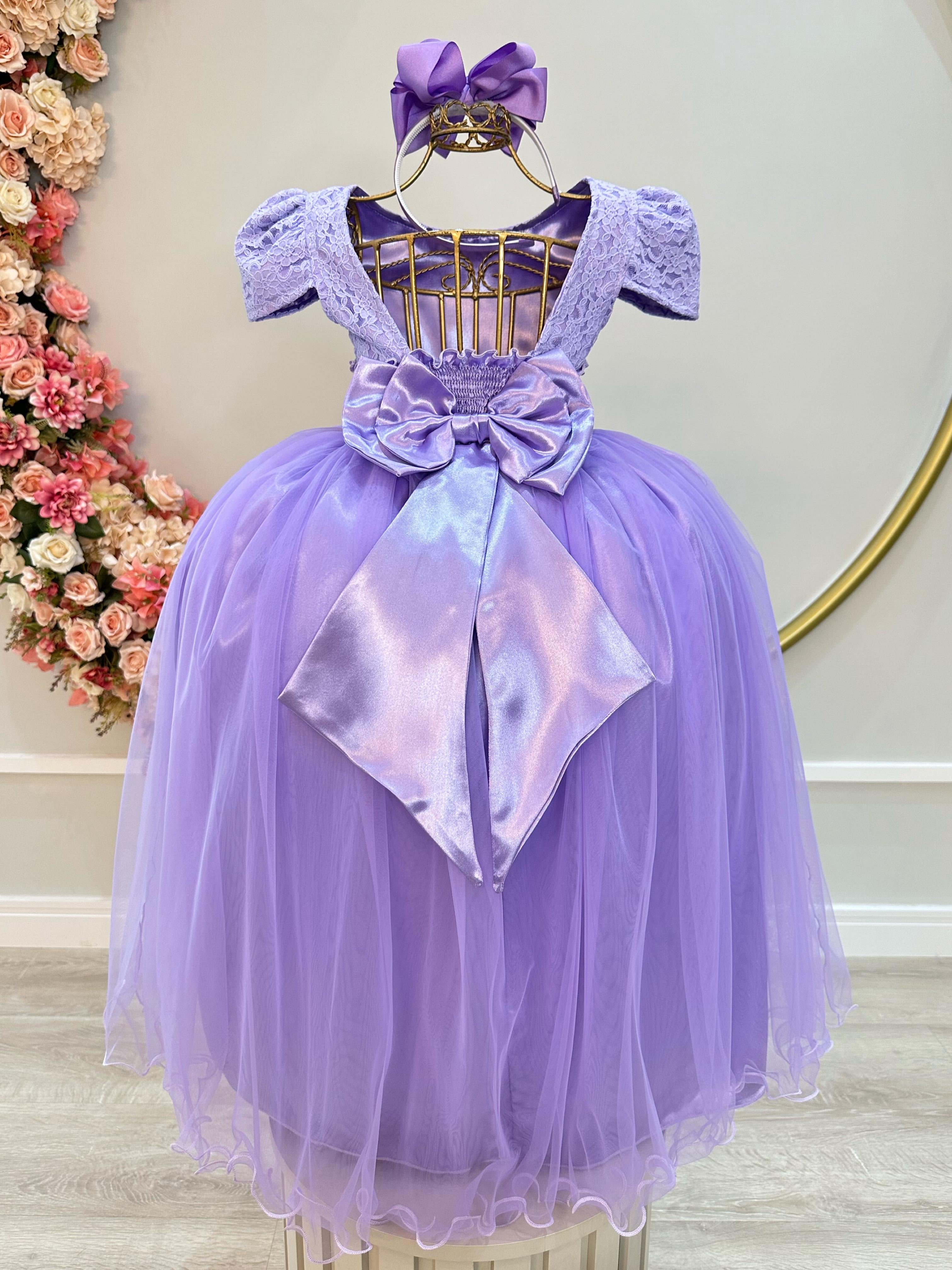 Vestido Infantil Lilás C/ Renda Realeza e Pérolas Damas
