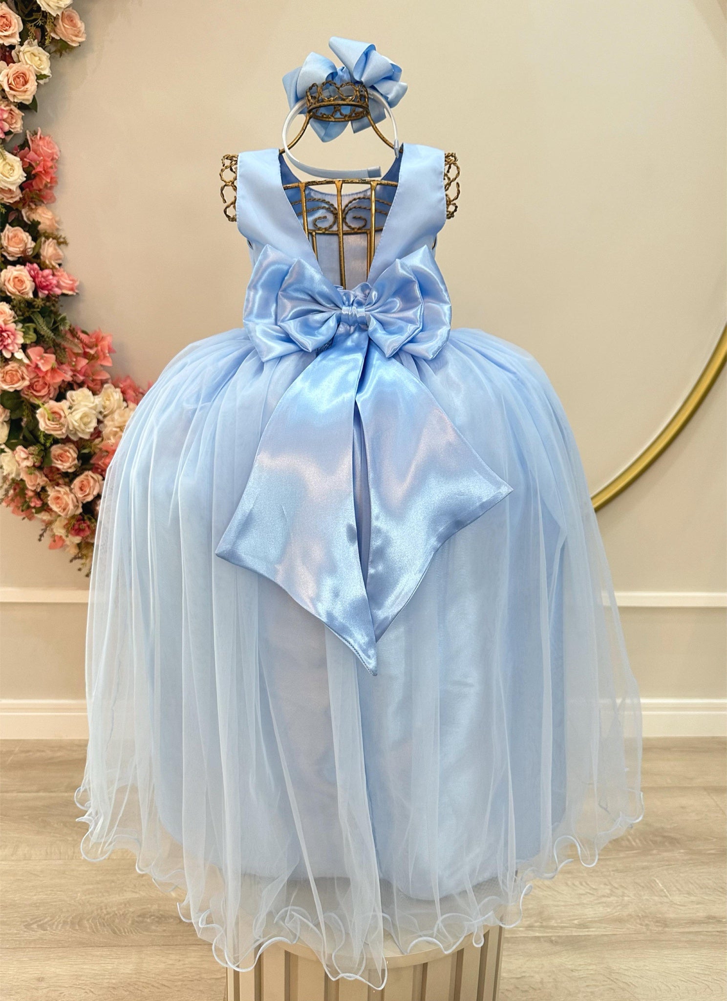 Vestido Infantil Longo Azul Bebê Claro Daminhas Festas Luxo