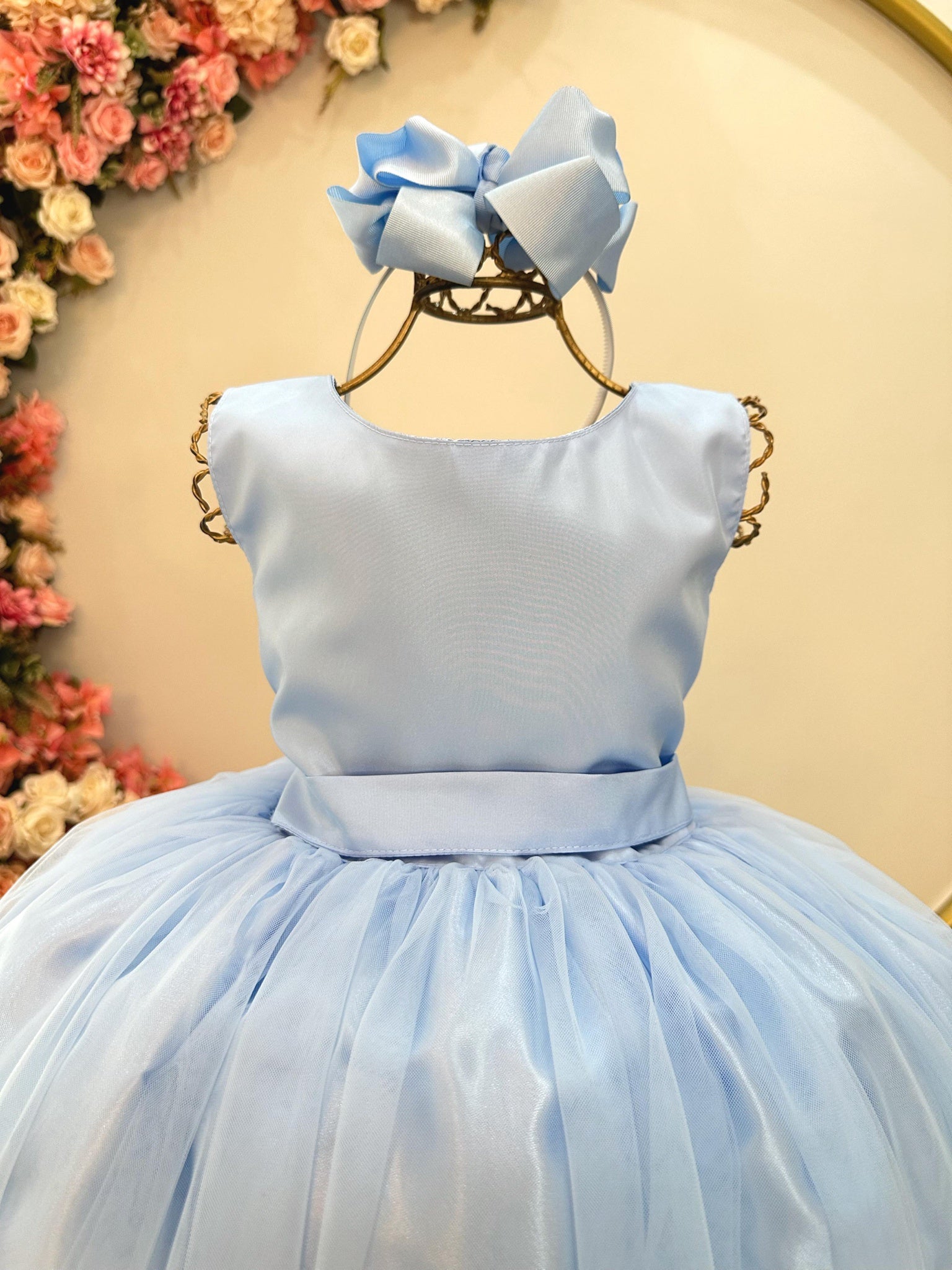 Vestido Infantil Longo Azul Bebê Claro Daminhas Festas Luxo