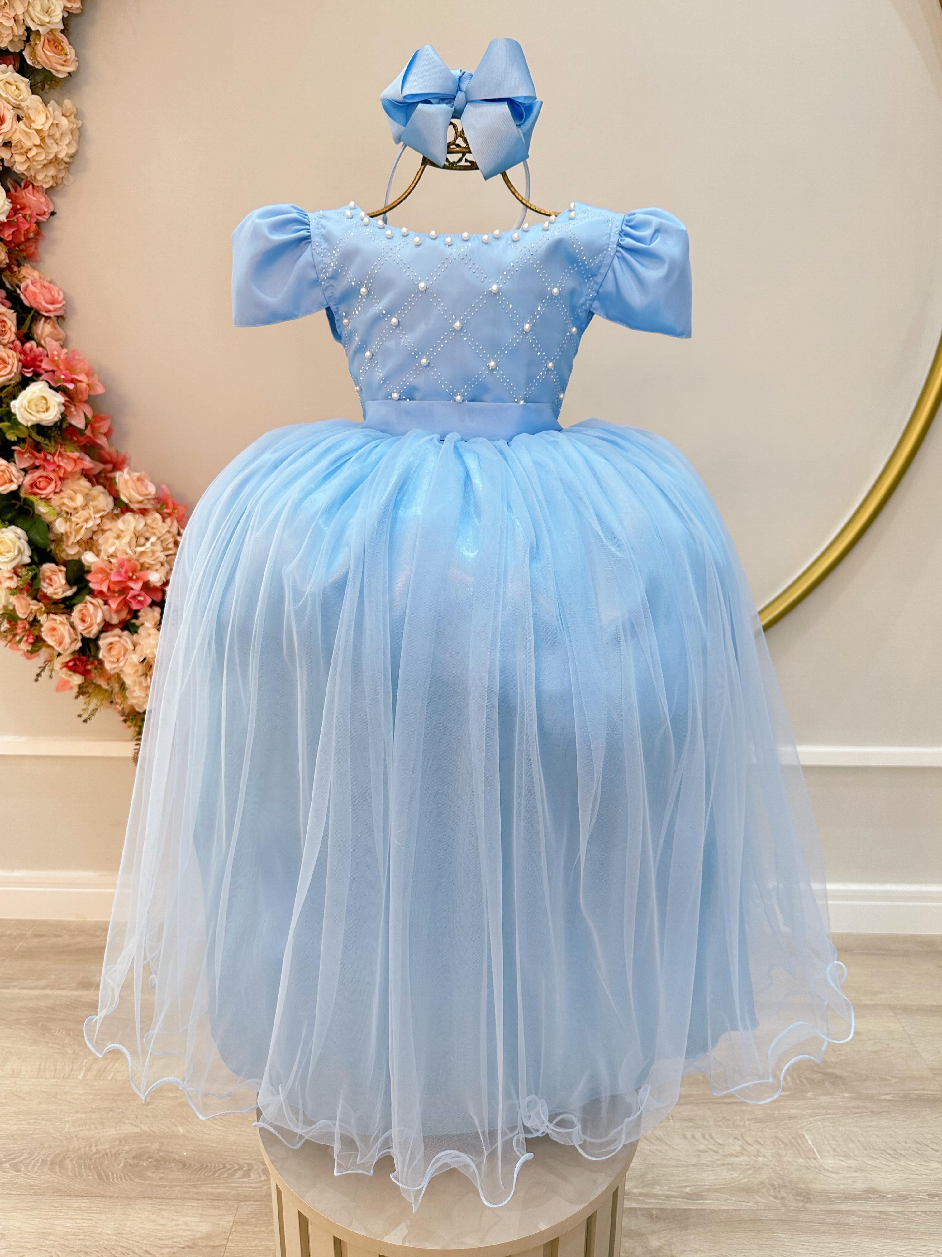 Vestido Infantil Longo Azul Com Strass e Pérolas Daminhas