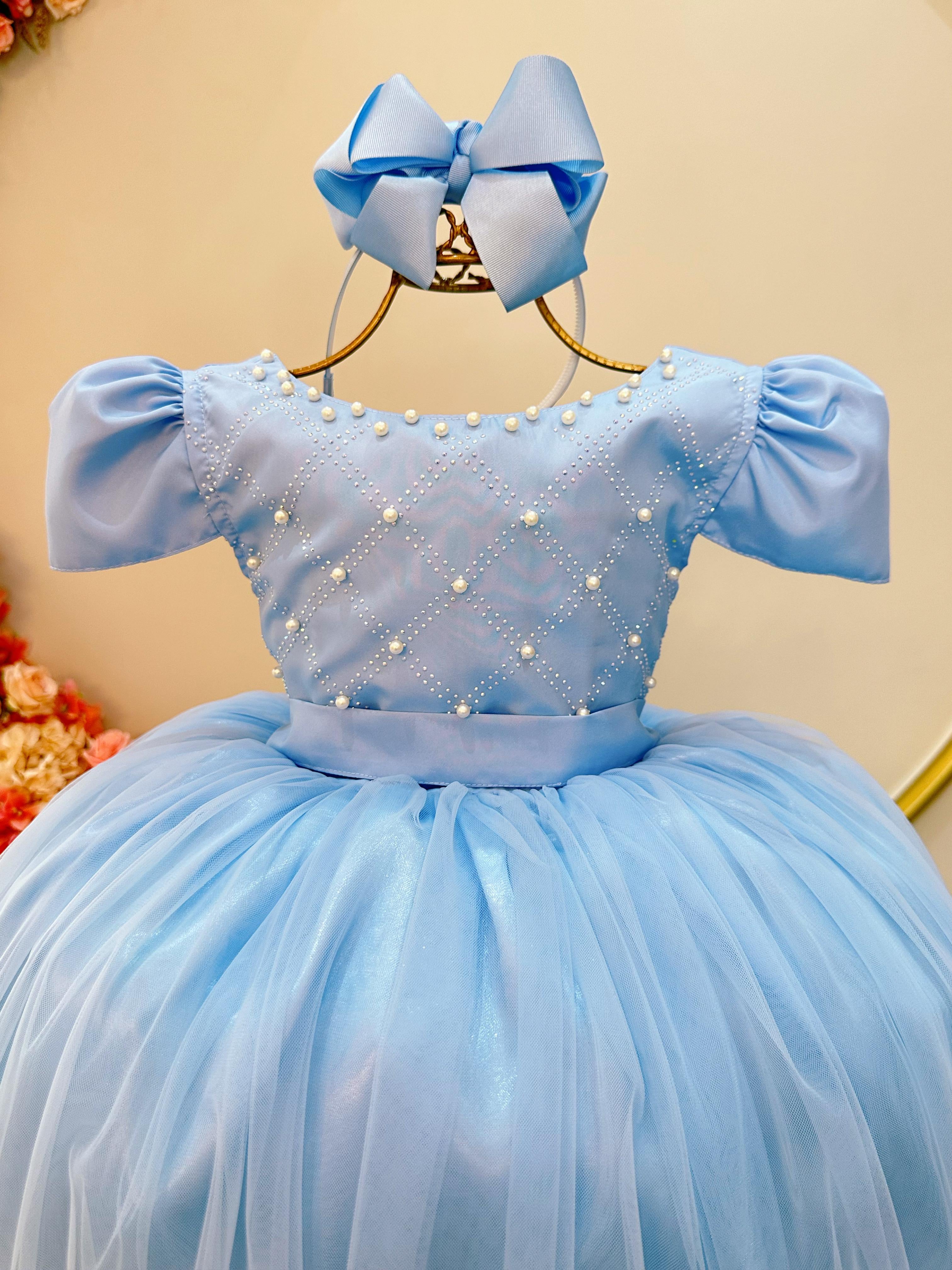 Vestido Infantil Longo Azul Com Strass e Pérolas Daminhas