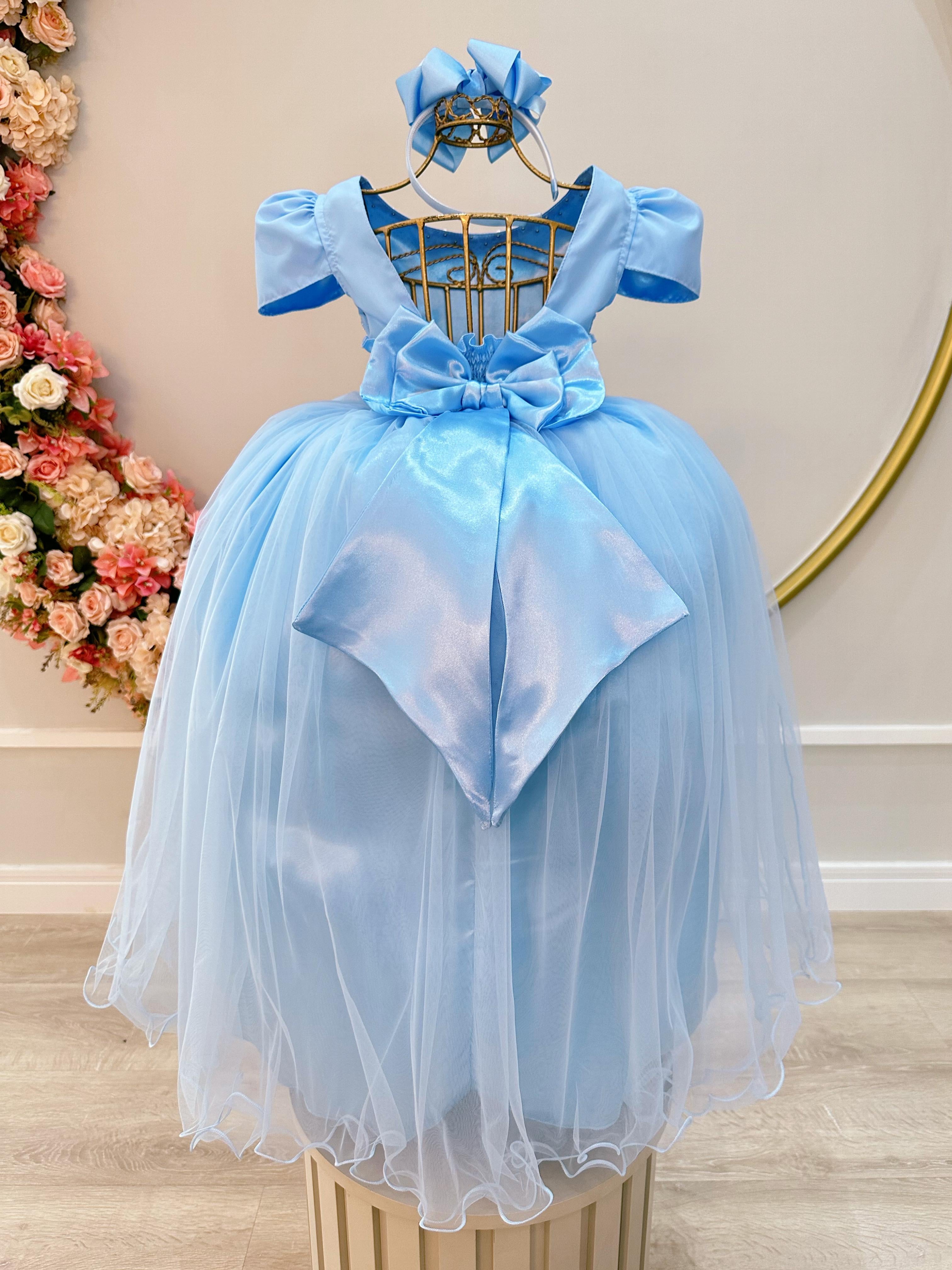 Vestido Infantil Longo Azul Com Strass e Pérolas Daminhas