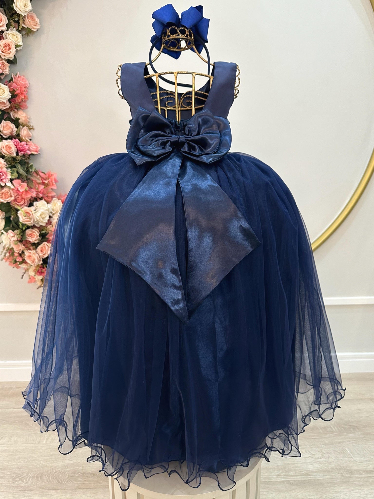 Vestido Infantil Longo Azul Marinho Daminhas Festas Luxo