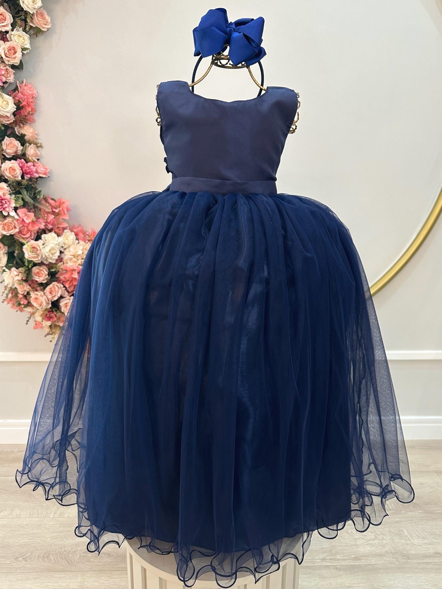 Vestido Infantil Longo Azul Marinho Daminhas Festas Luxo