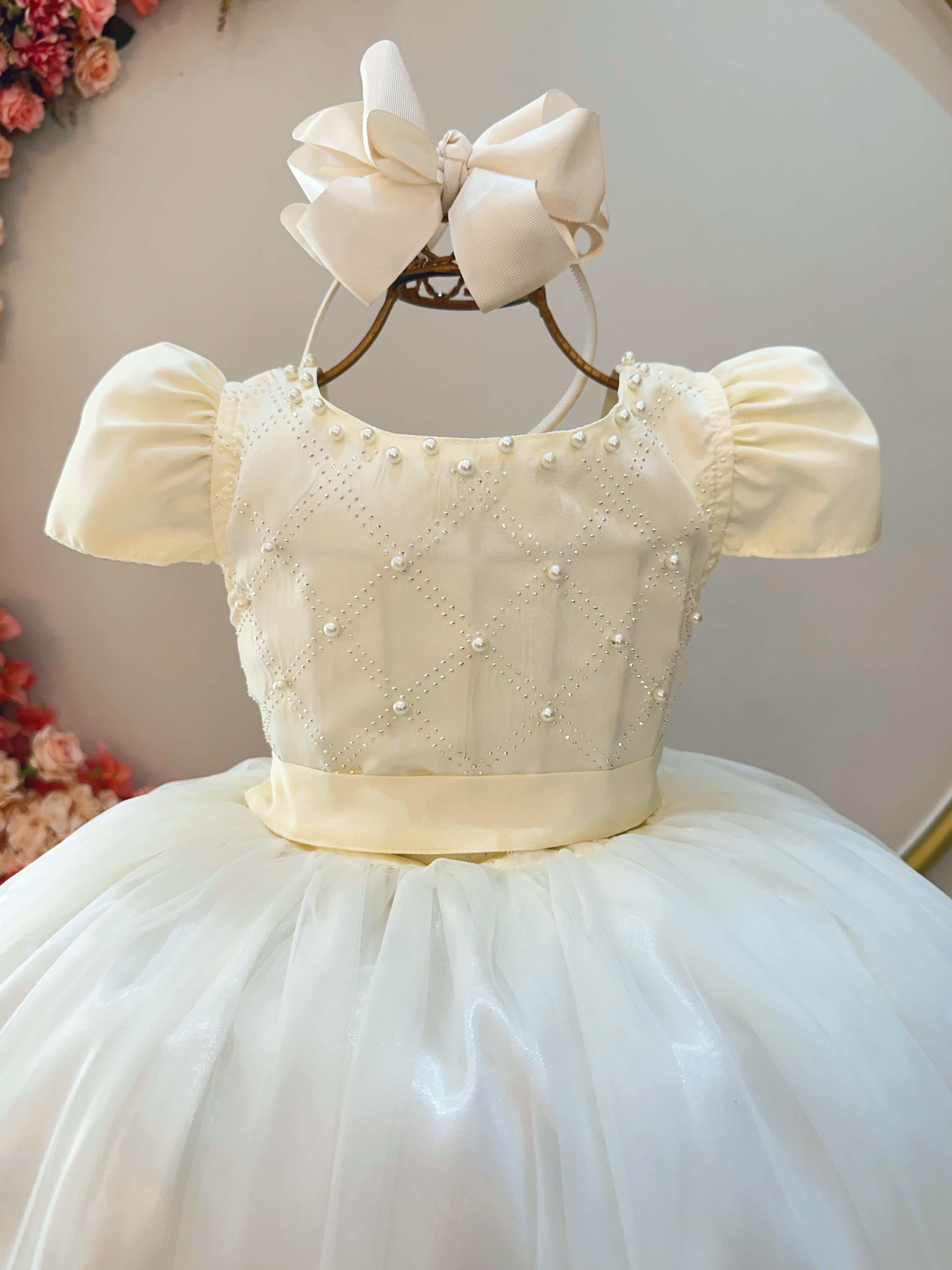 Vestido Infantil Longo Marfim Com Strass e Pérolas Damas
