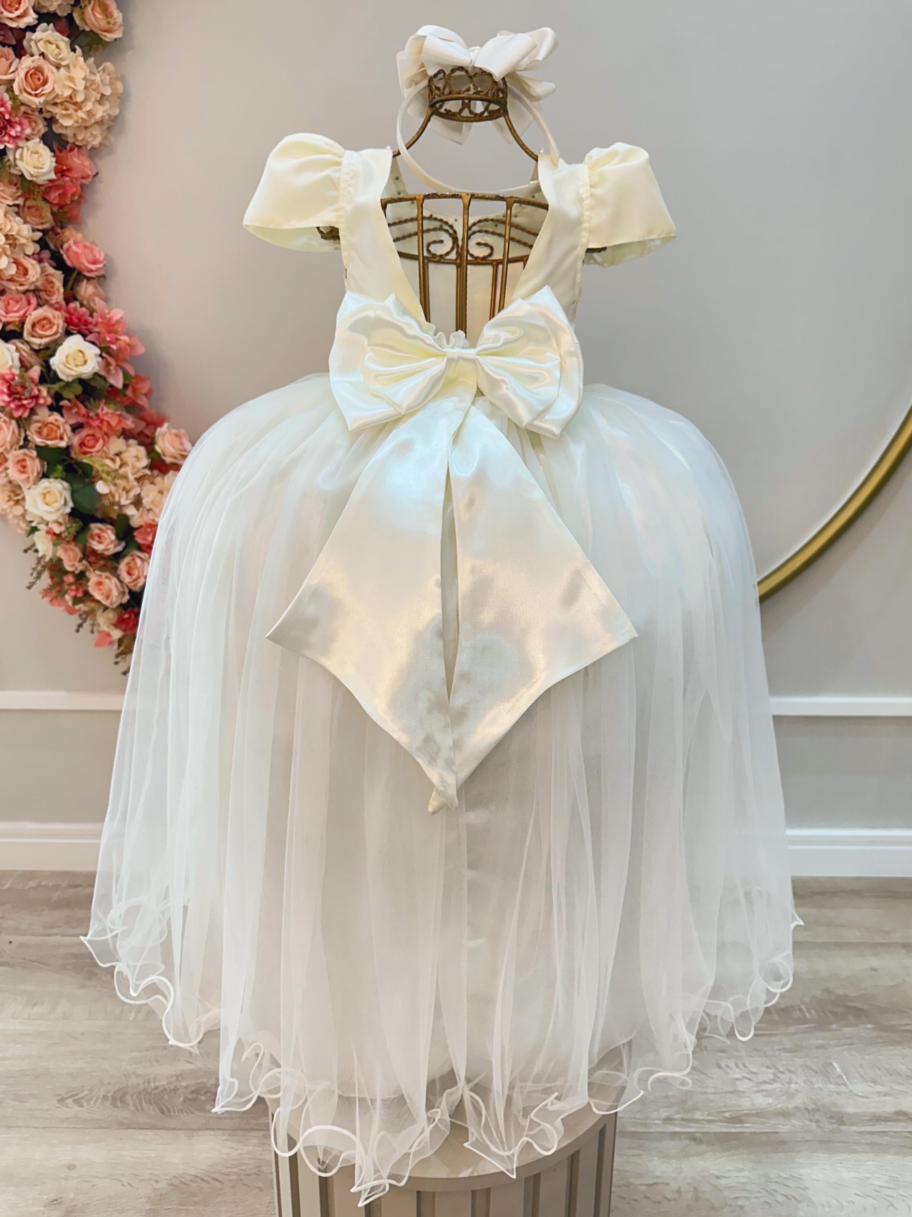 Vestido Infantil Longo Marfim Com Strass e Pérolas Damas