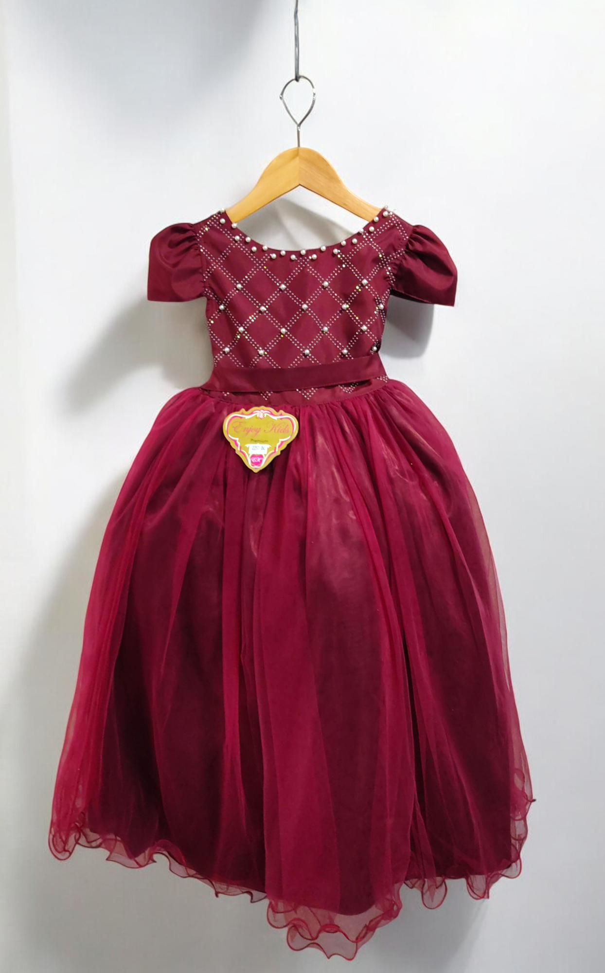 Vestido Infantil Longo Marsala Com Strass e Pérolas Daminhas