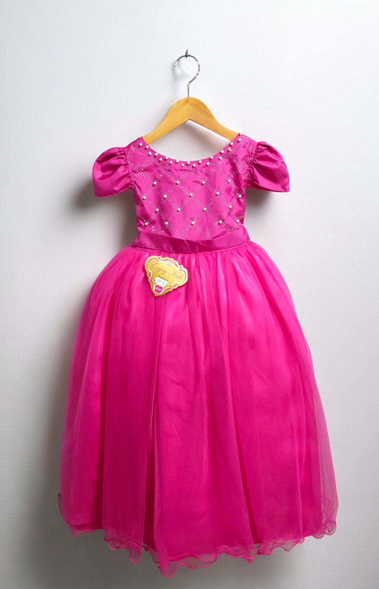 Vestido Infantil Longo Pink Com Strass e Pérolas Daminhas