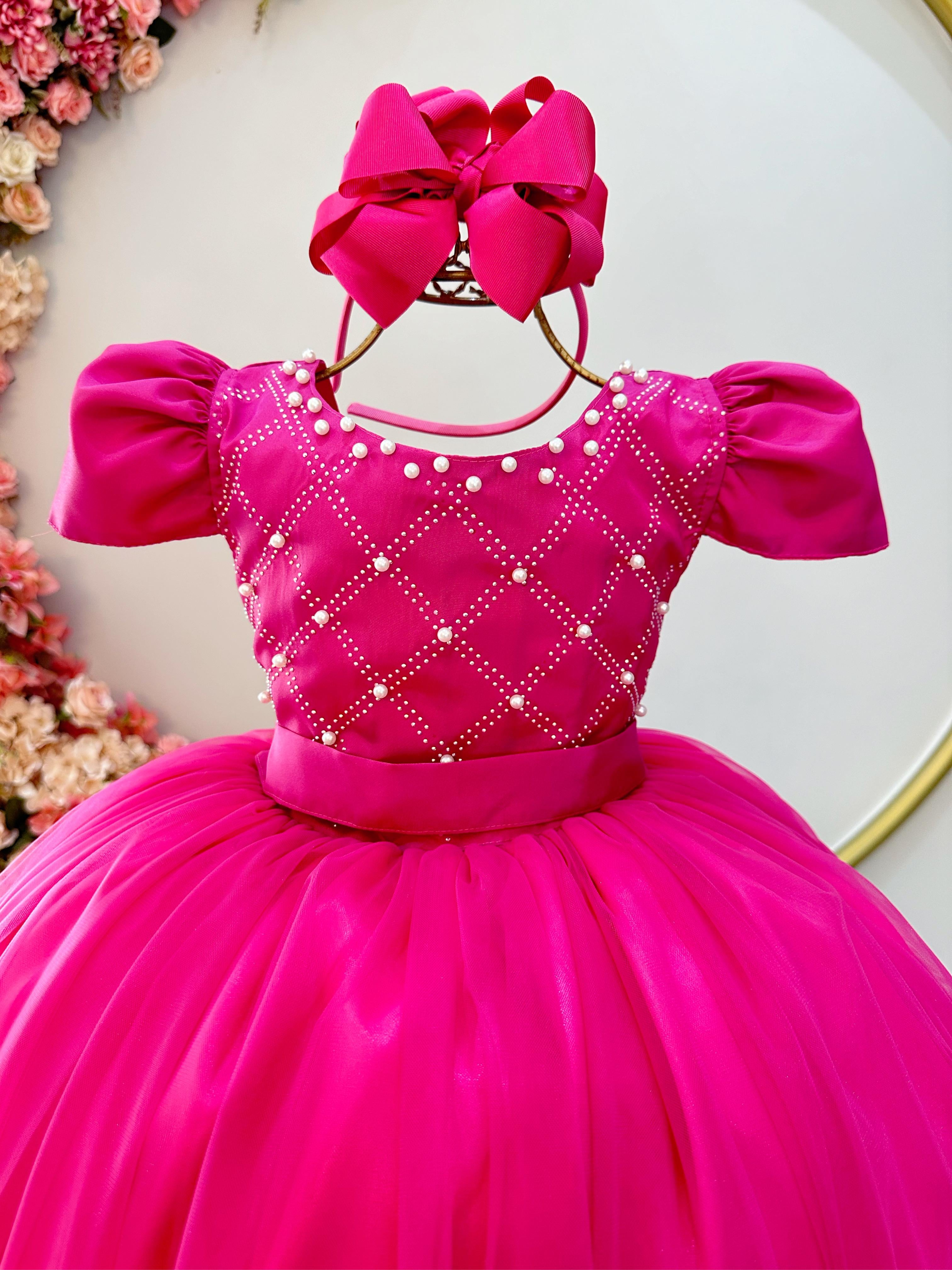 Vestido Infantil Longo Pink Com Strass e Pérolas Daminhas