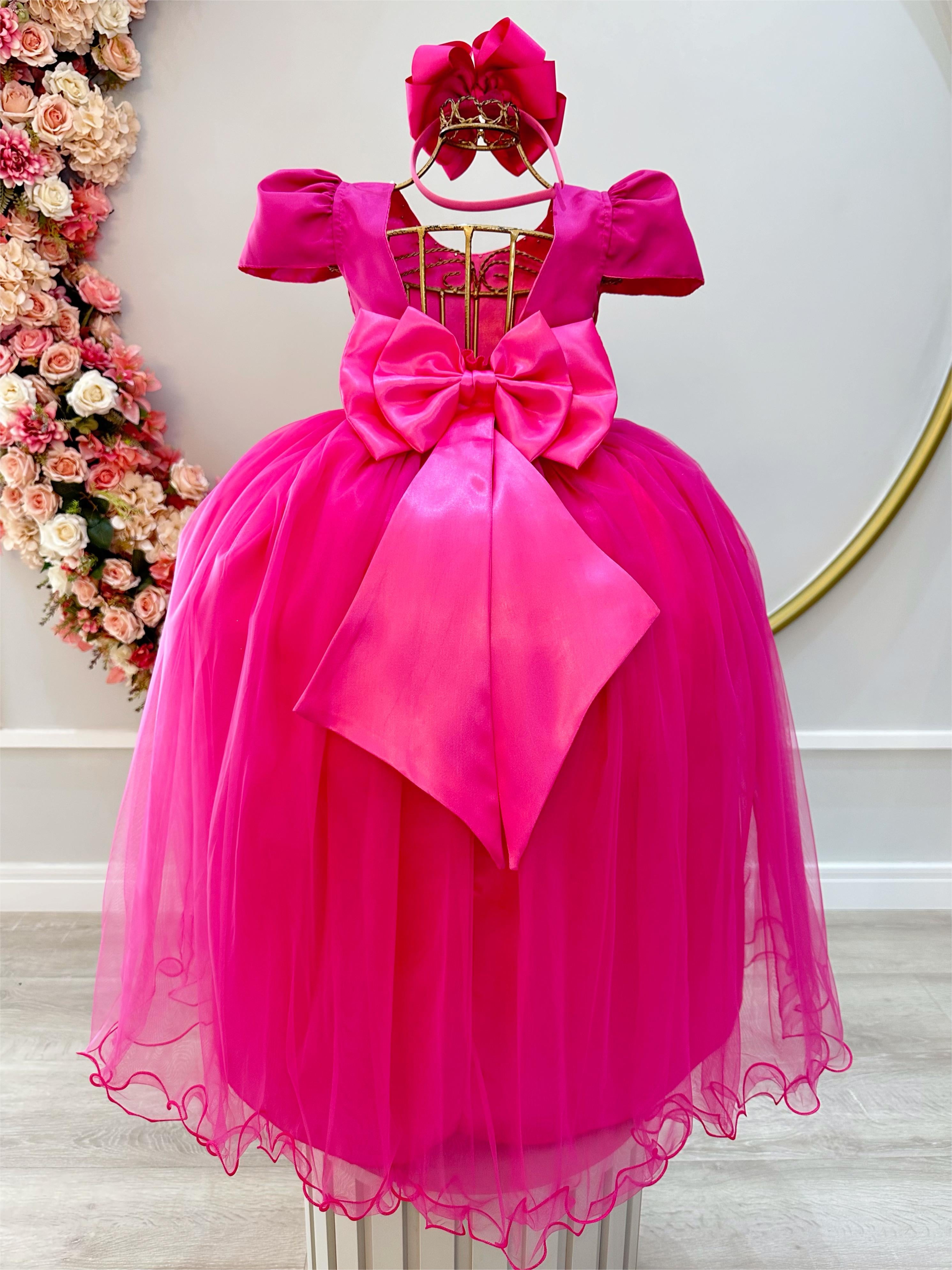 Vestido Infantil Longo Pink Com Strass e Pérolas Daminhas