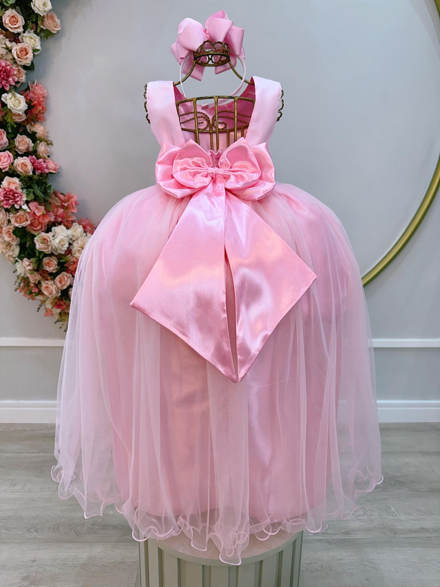Vestido Infantil Longo Rosa Daminhas Festas Luxo