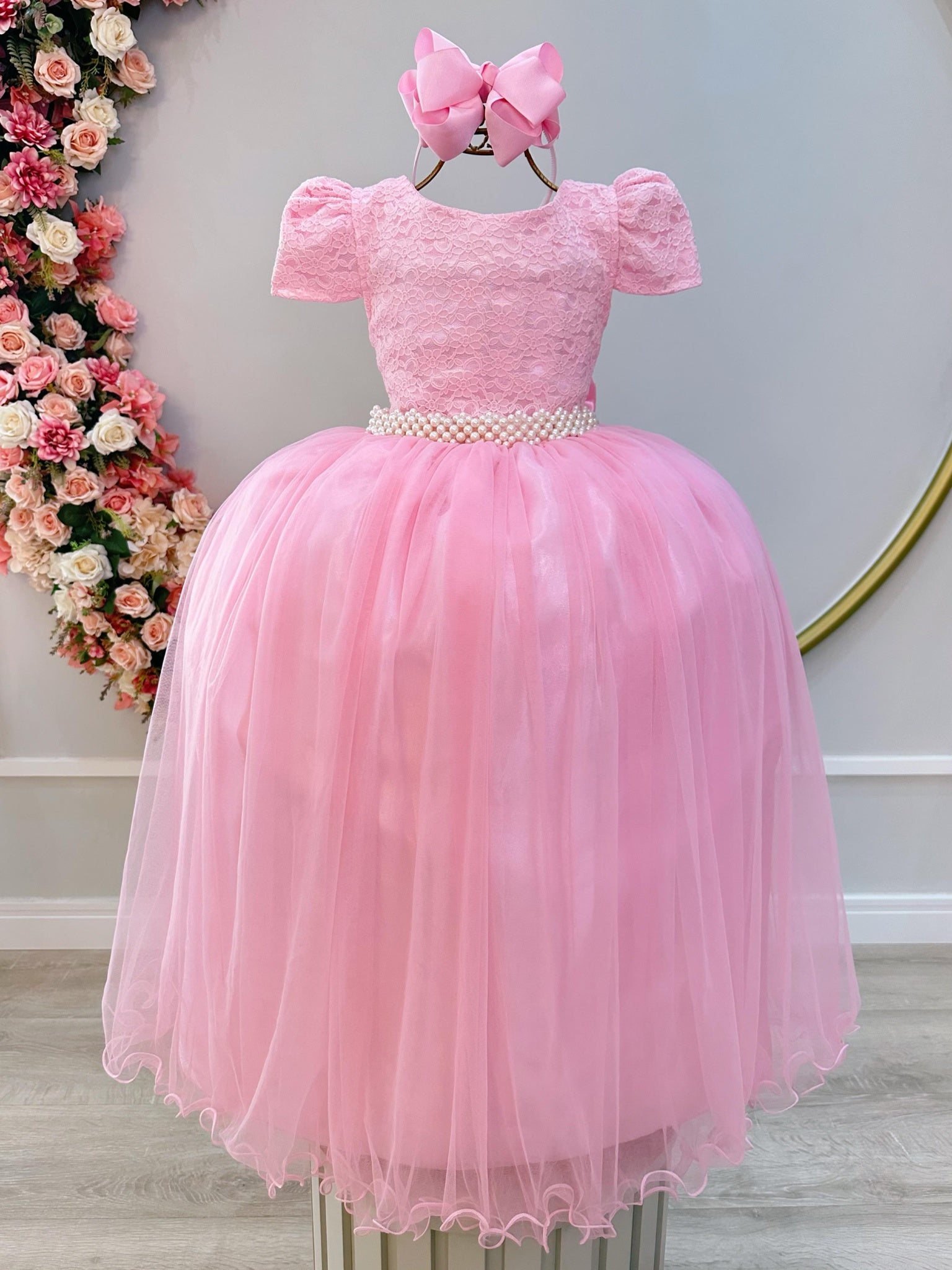 Vestido Infantil Longo Rosa Tule C/ Renda Casamento Festas