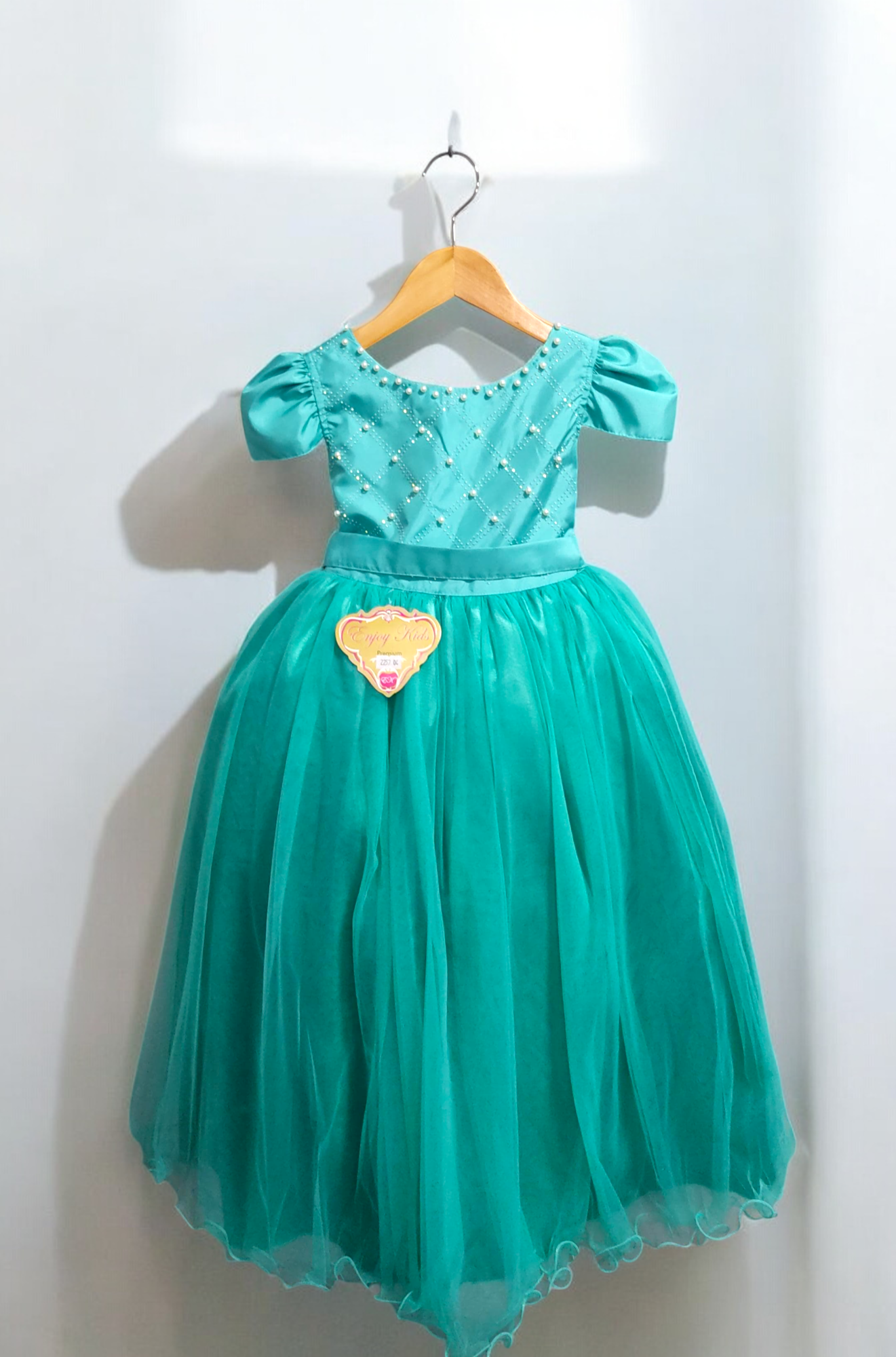 Vestido Infantil Longo Verde Com Strass e Pérolas Daminhas