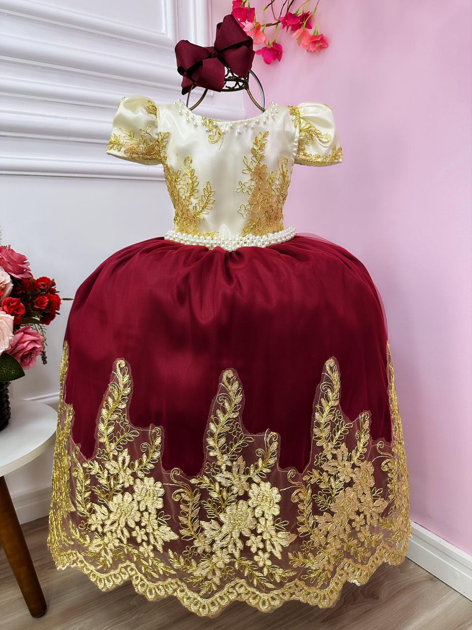 Vestido Infantil Marfim C/ Marsala e Pérolas Renda Realeza