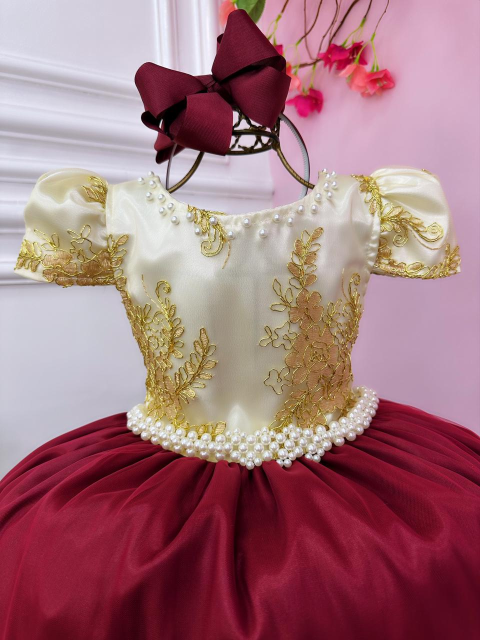 Vestido Infantil Marfim C/ Marsala e Pérolas Renda Realeza