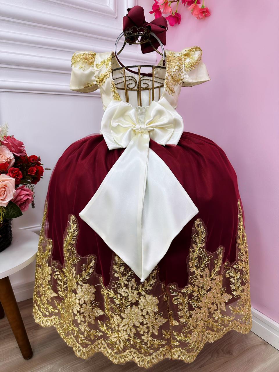 Vestido Infantil Marfim C/ Marsala e Pérolas Renda Realeza