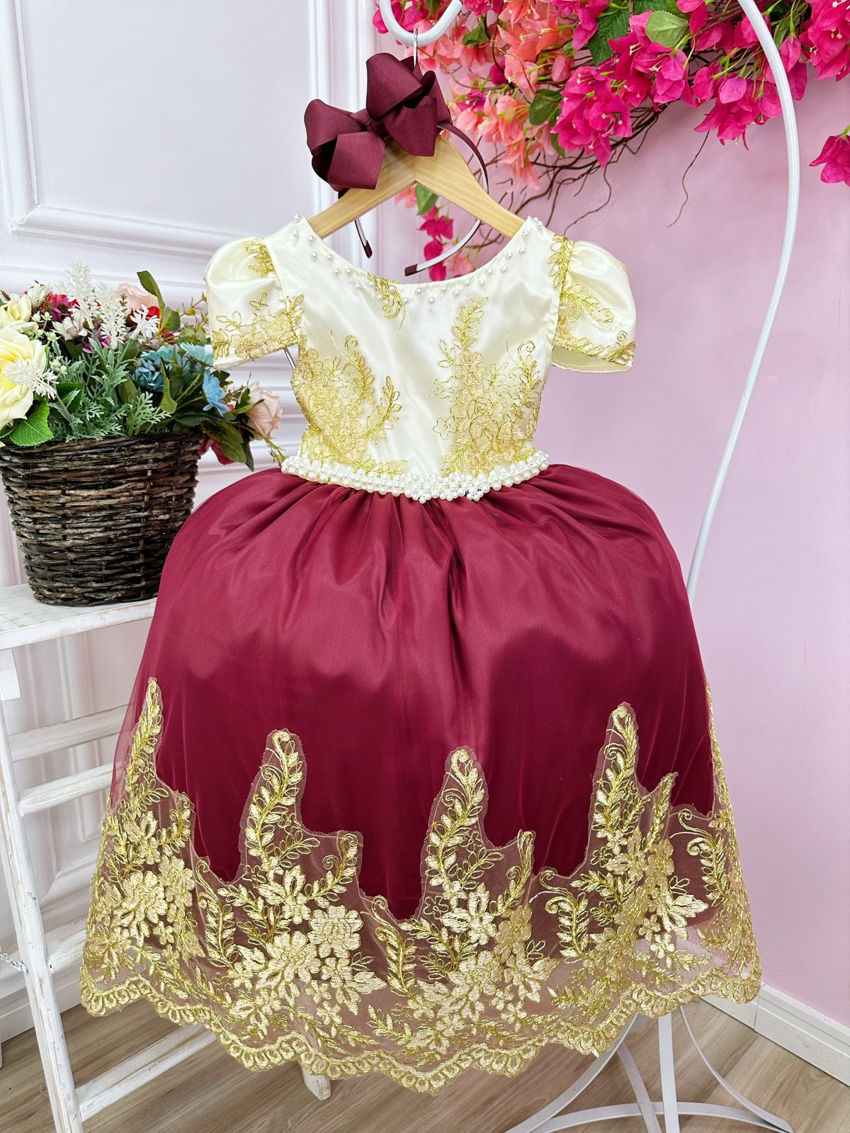Vestido Infantil Marfim C/ Marsala e Pérolas Renda Realeza