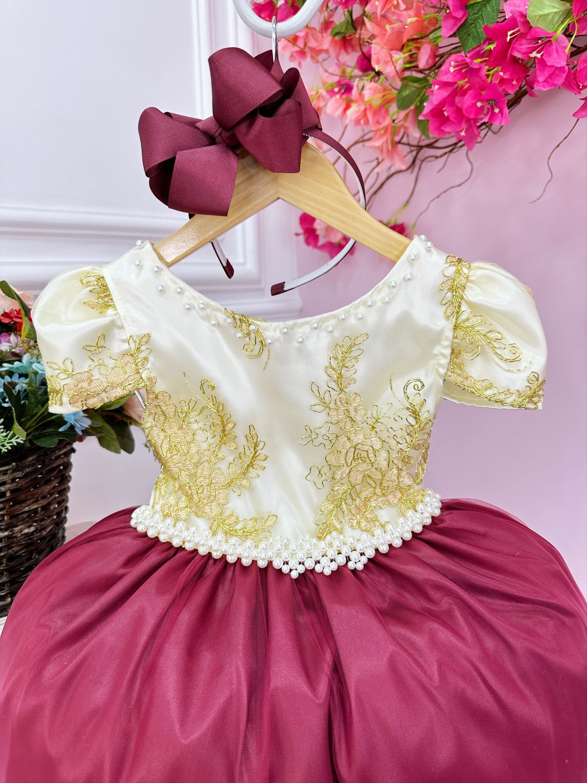 Vestido Infantil Marfim C/ Marsala e Pérolas Renda Realeza