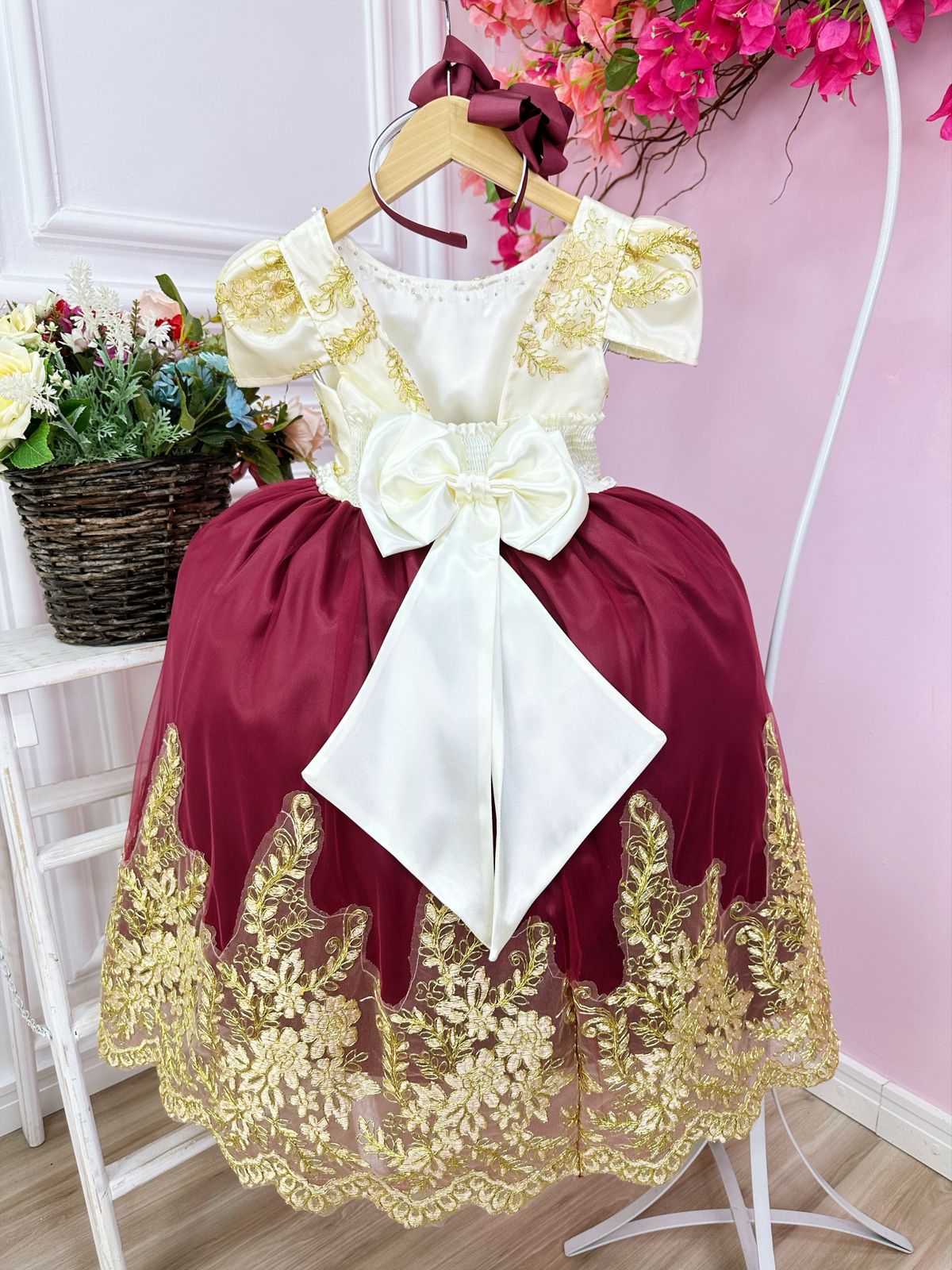 Vestido Infantil Marfim C/ Marsala e Pérolas Renda Realeza