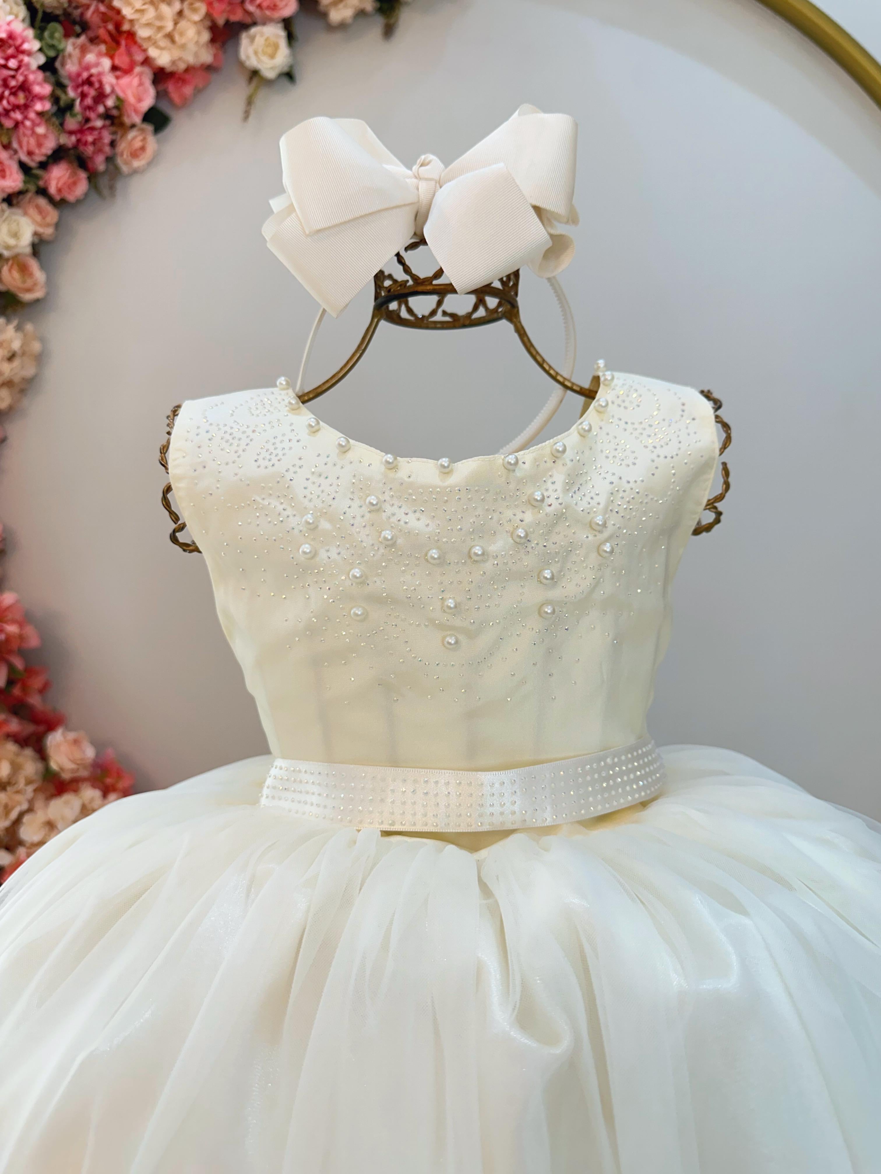 Vestido Infantil Marfim Damas de Honra Longo Com Pérolas