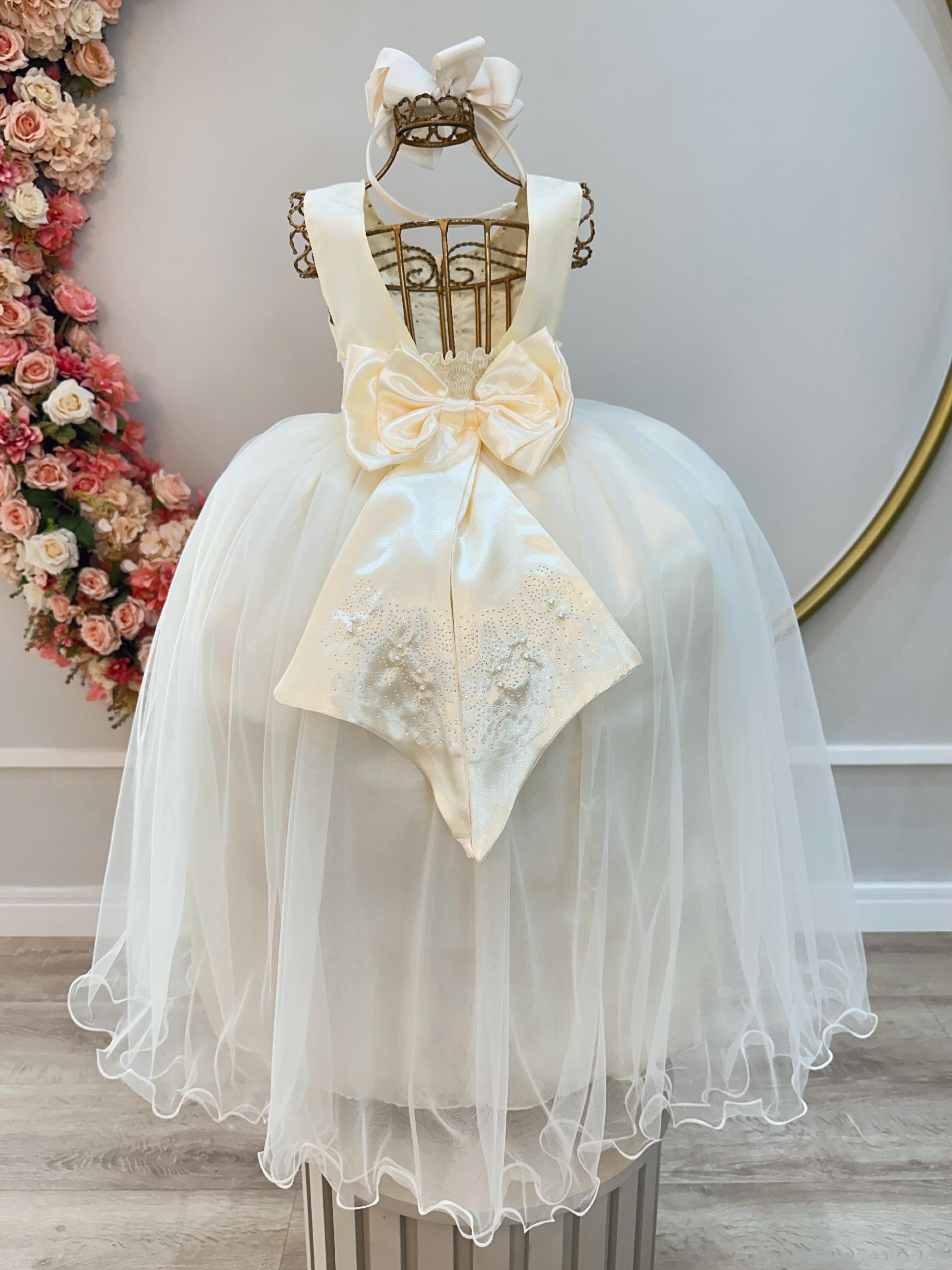 Vestido Infantil Marfim Damas de Honra Longo Com Pérolas