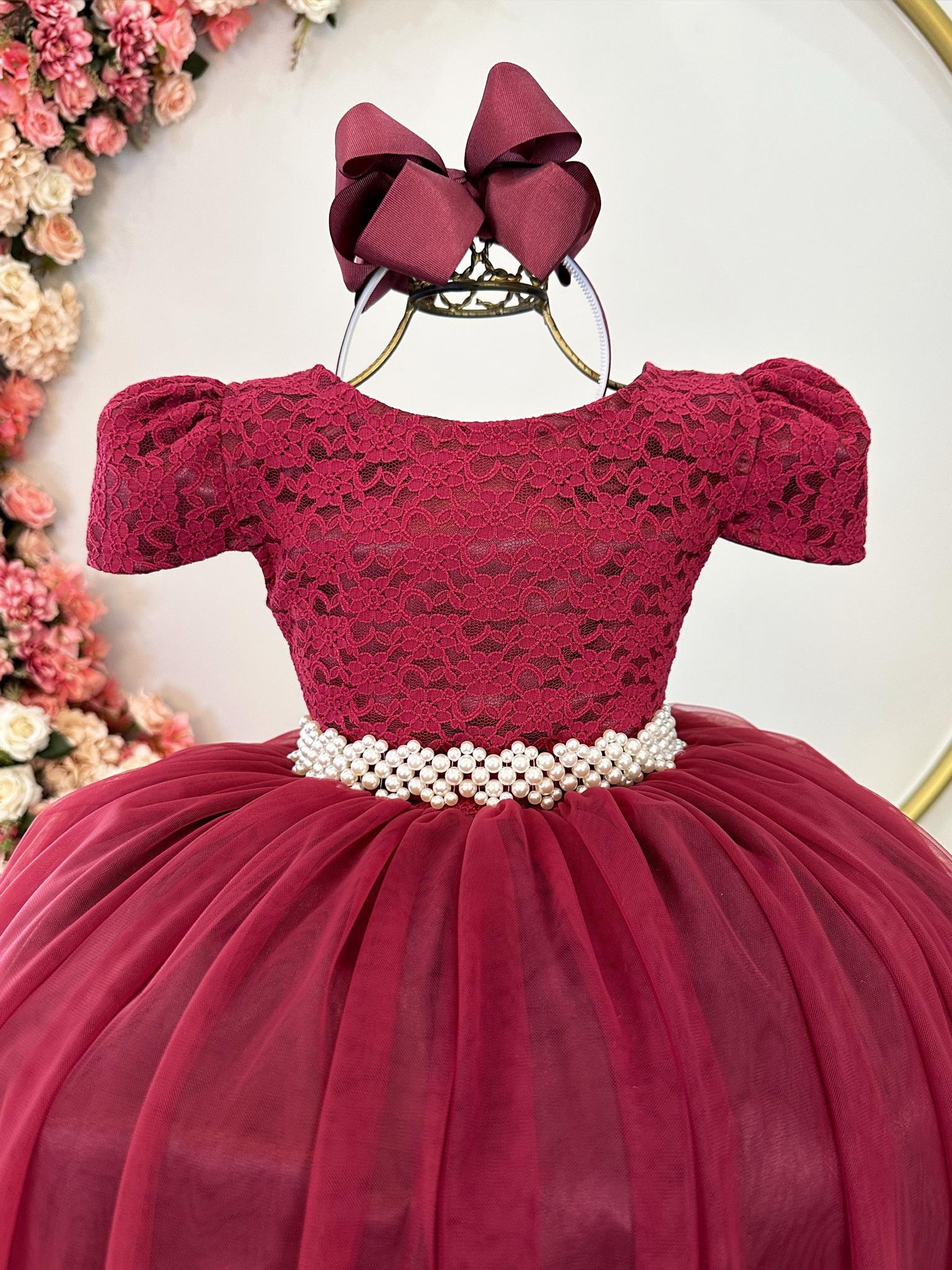 Vestido Infantil Marsala Renda Realeza e Pérolas Festa Damas