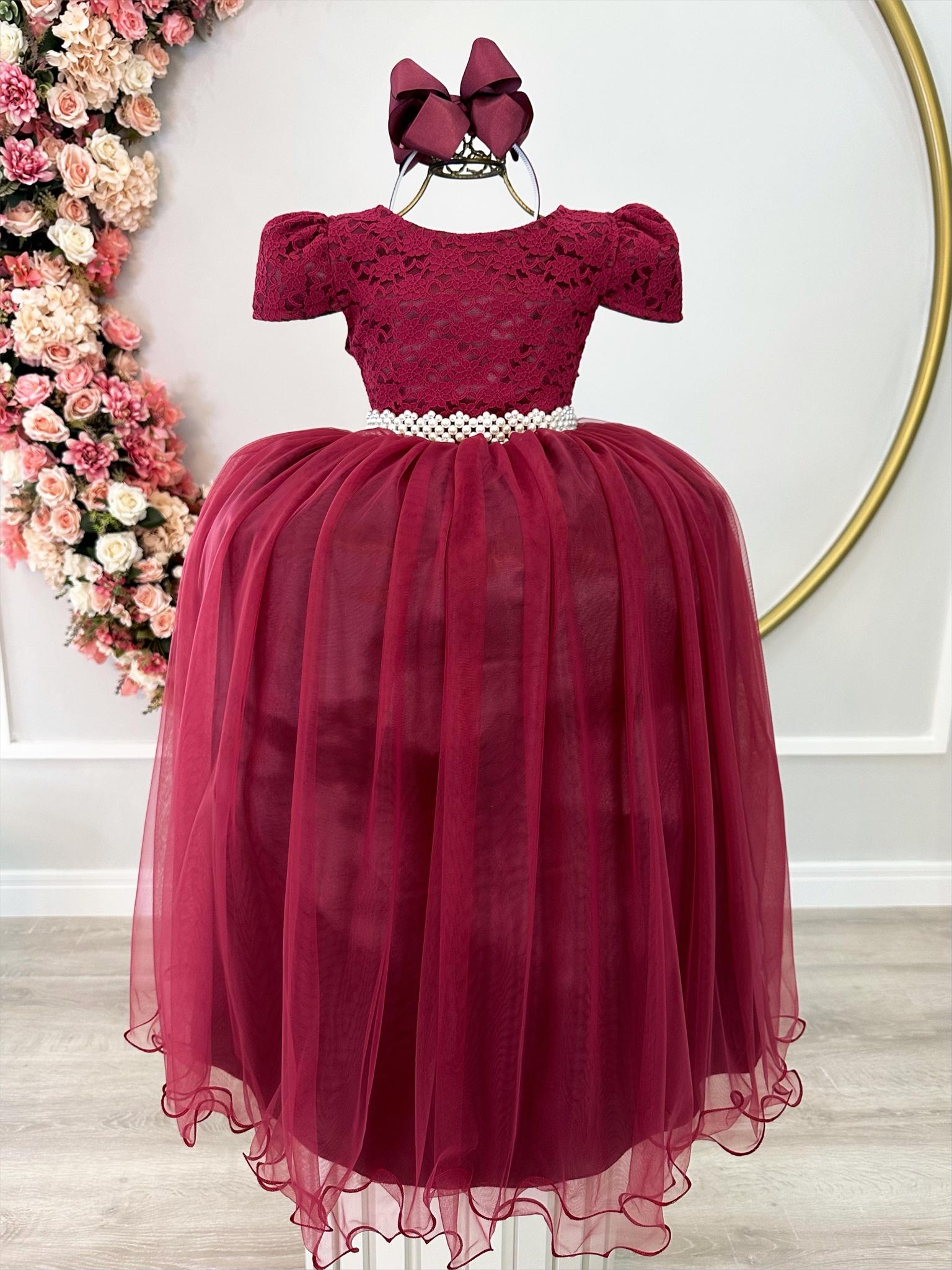 Vestido Infantil Marsala Renda Realeza e Pérolas Festa Damas