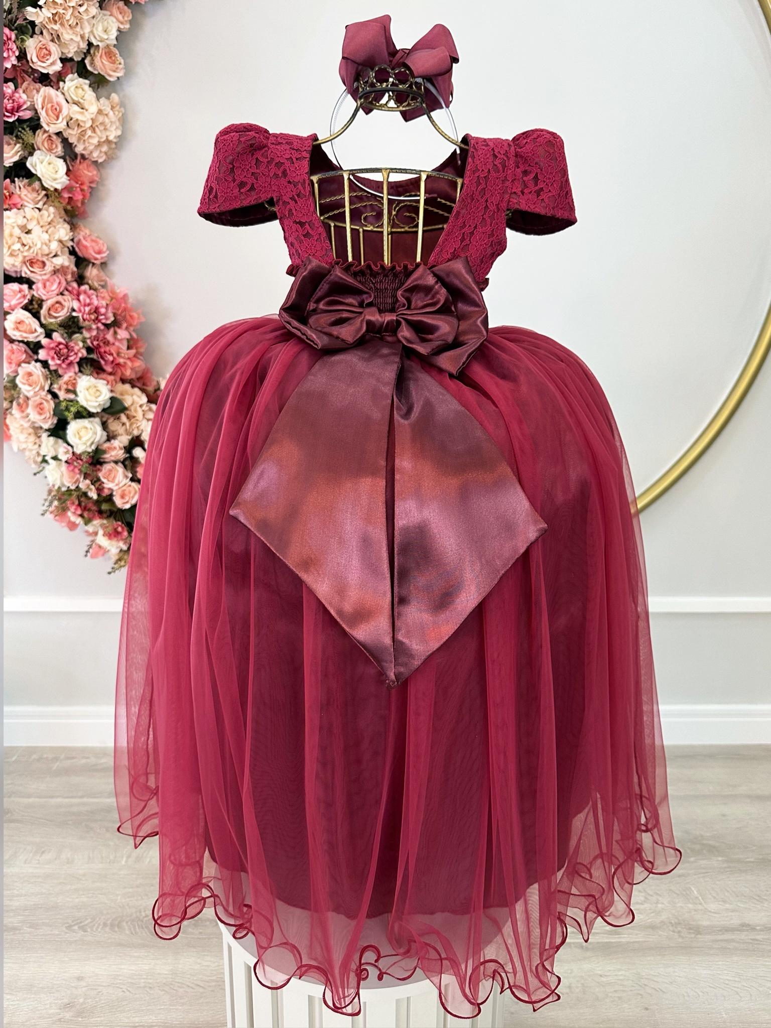 Vestido Infantil Marsala Renda Realeza e Pérolas Festa Damas