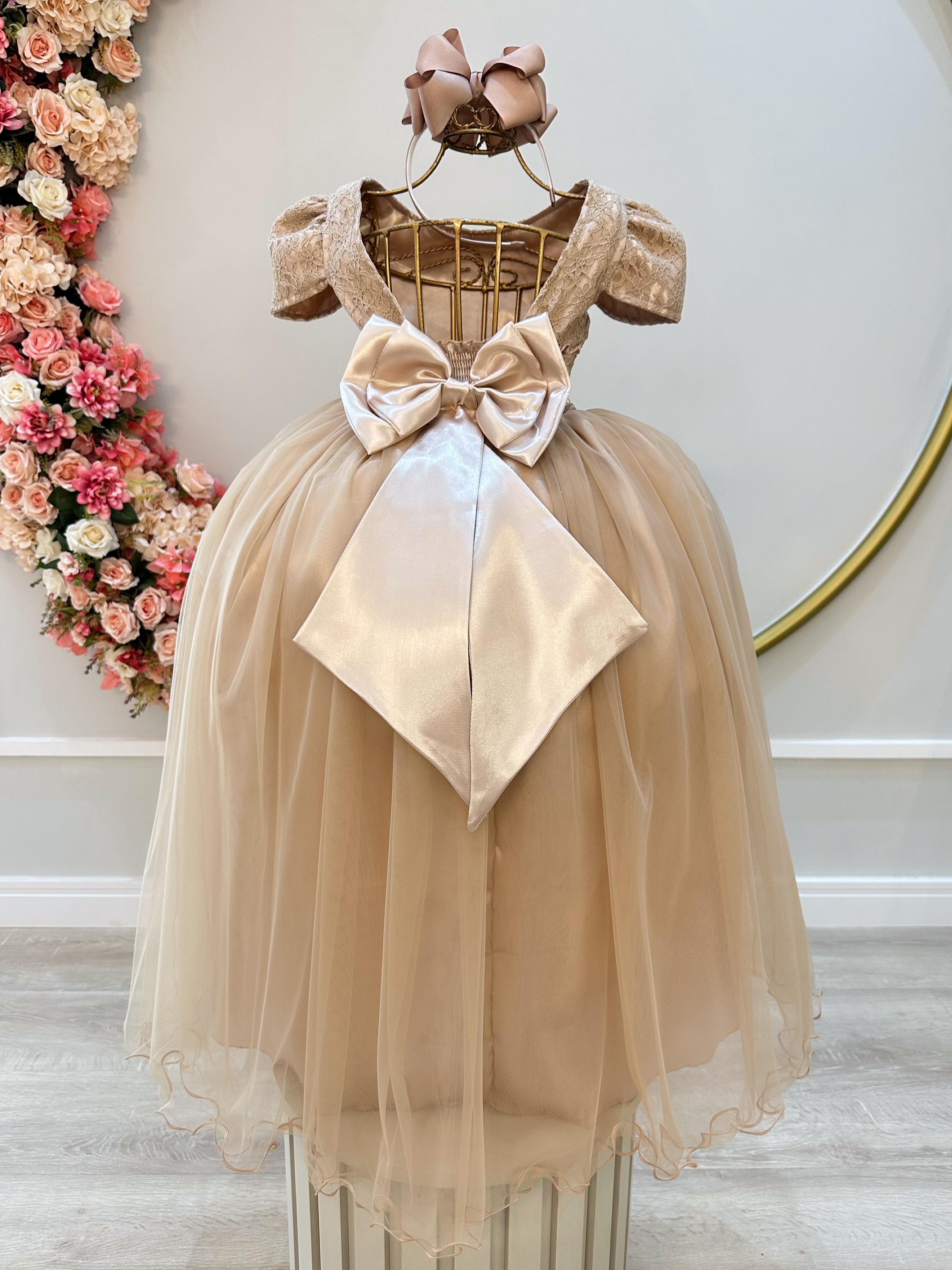 Vestido Infantil Nude C/ Tule e Renda Longo Dama Luxo