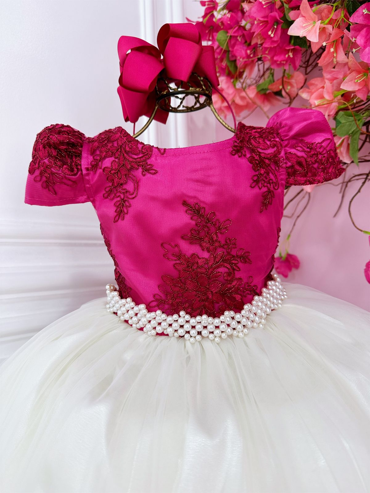 Vestido Infantil Pink C/ Renda e Saia Off White Damas Longo