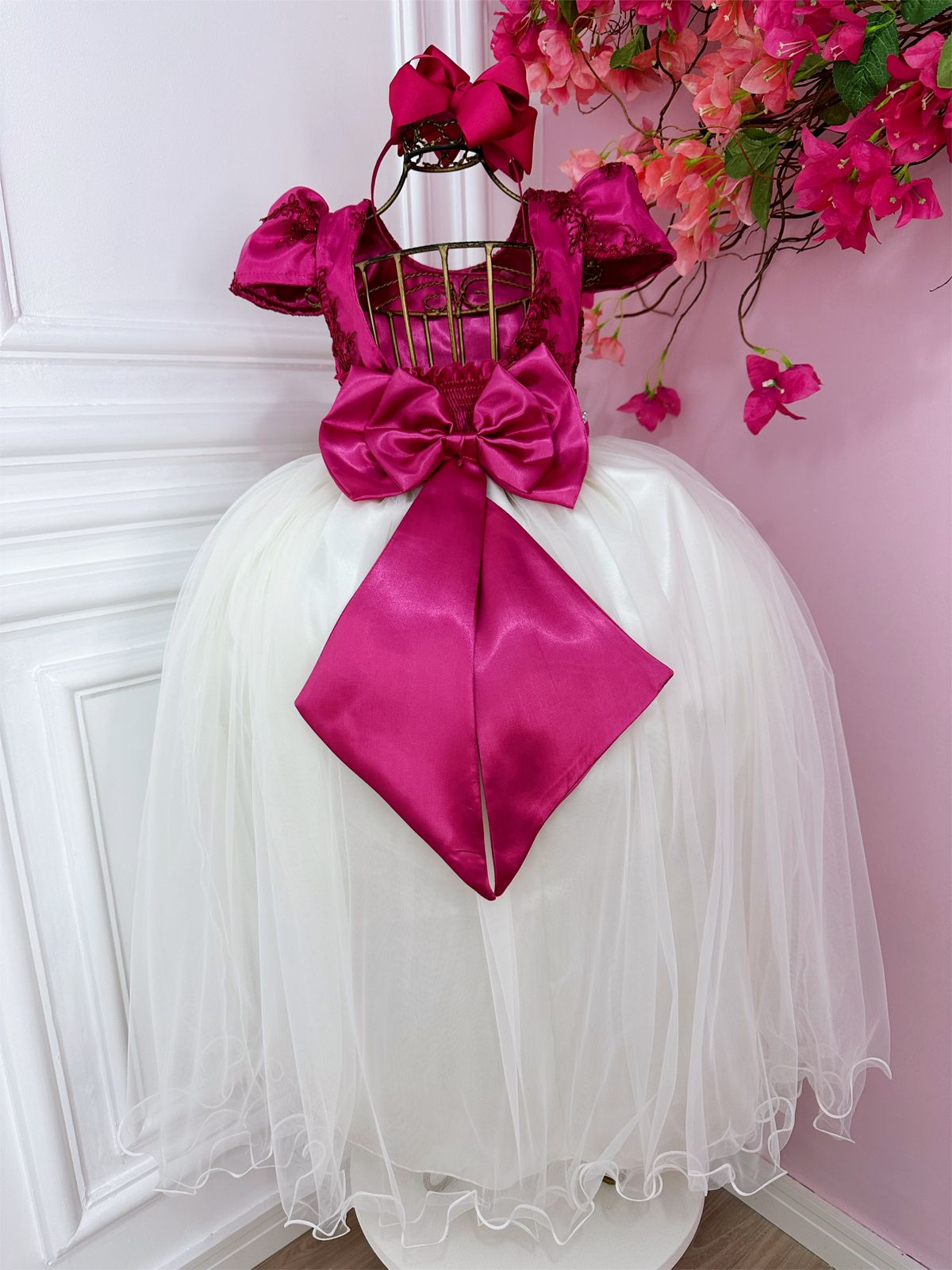 Vestido Infantil Pink C/ Renda e Saia Off White Damas Longo