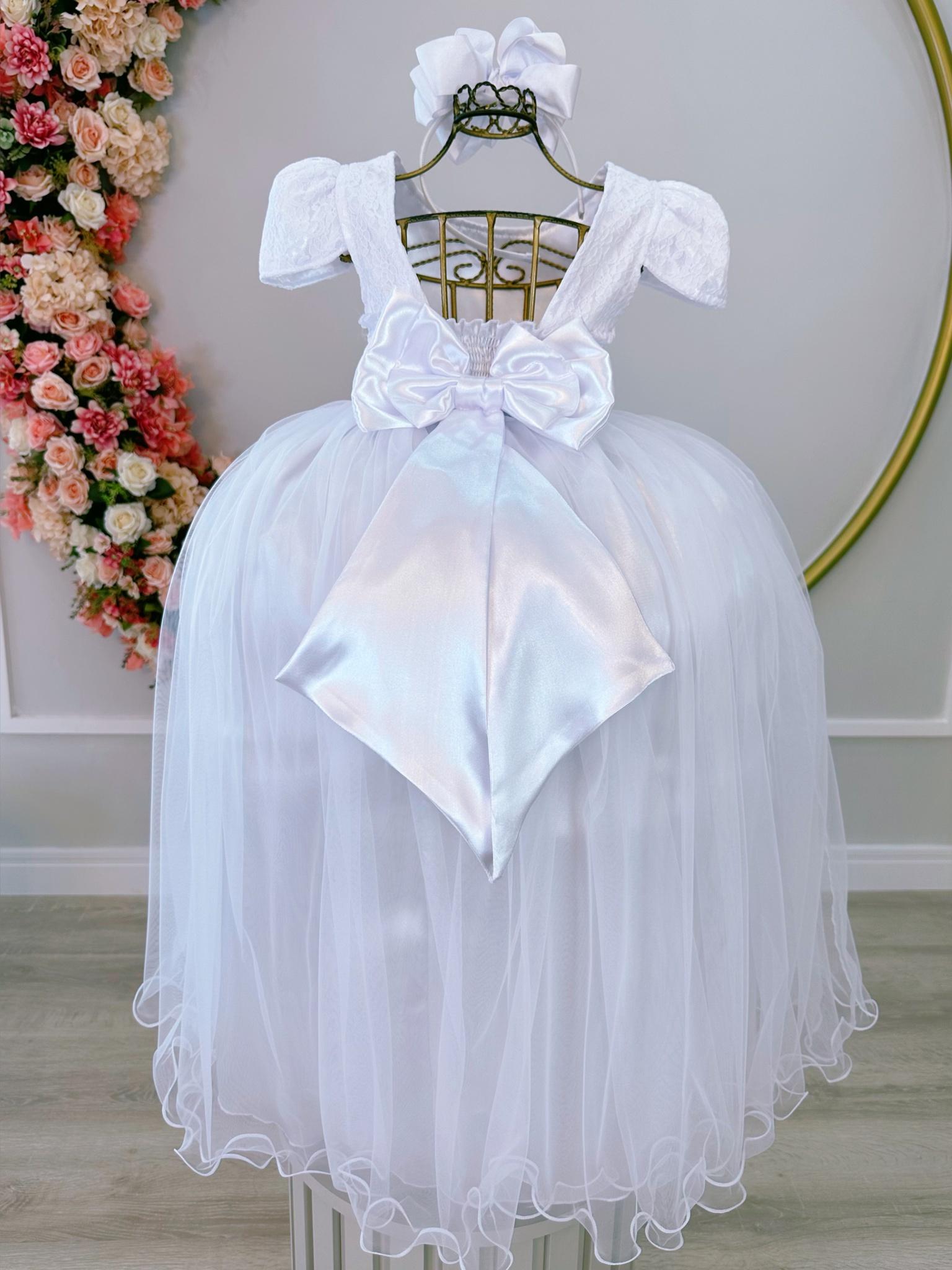 Vestido Infantil Realeza Branco C/ Renda Pérolas Festa Luxo