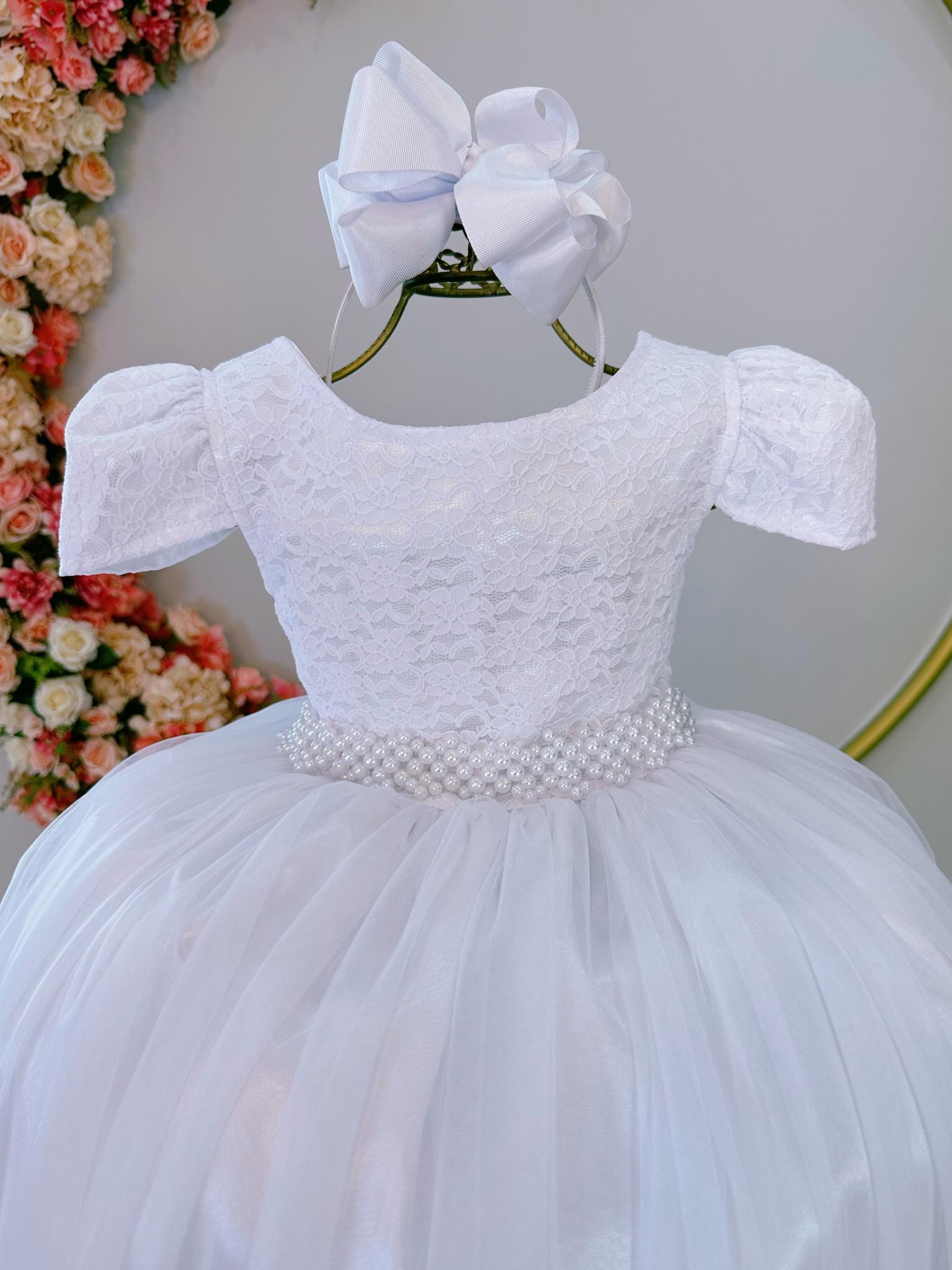 Vestido Infantil Realeza Branco C/ Renda Pérolas Festa Luxo