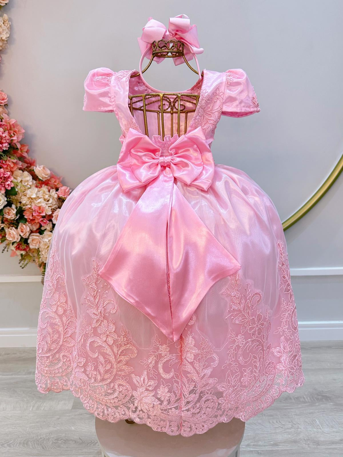 Vestido Infantil Rosa C/ Renda Realeza Casamento Festas