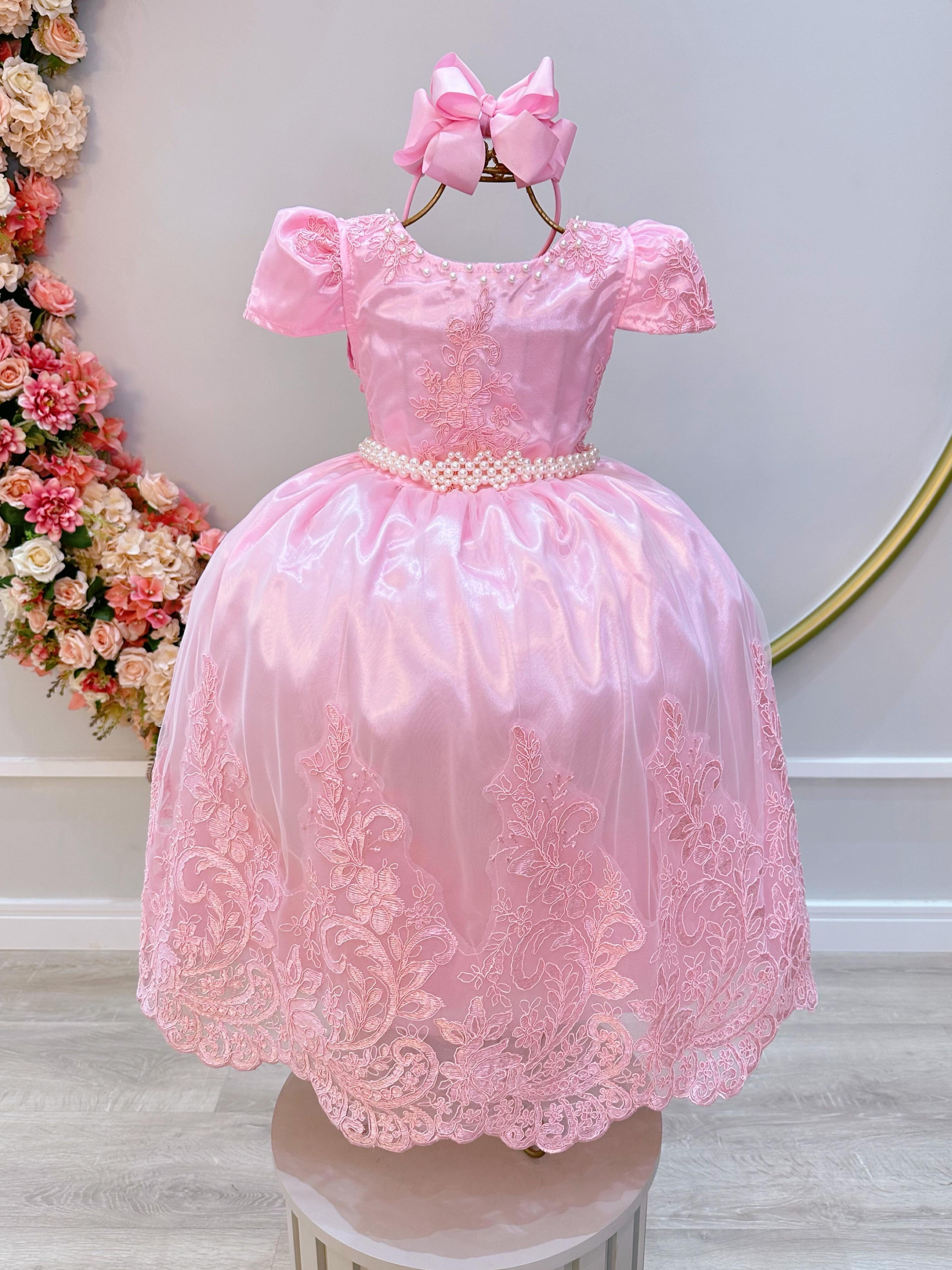 Vestido Infantil Rosa C/ Renda Realeza Casamento Festas