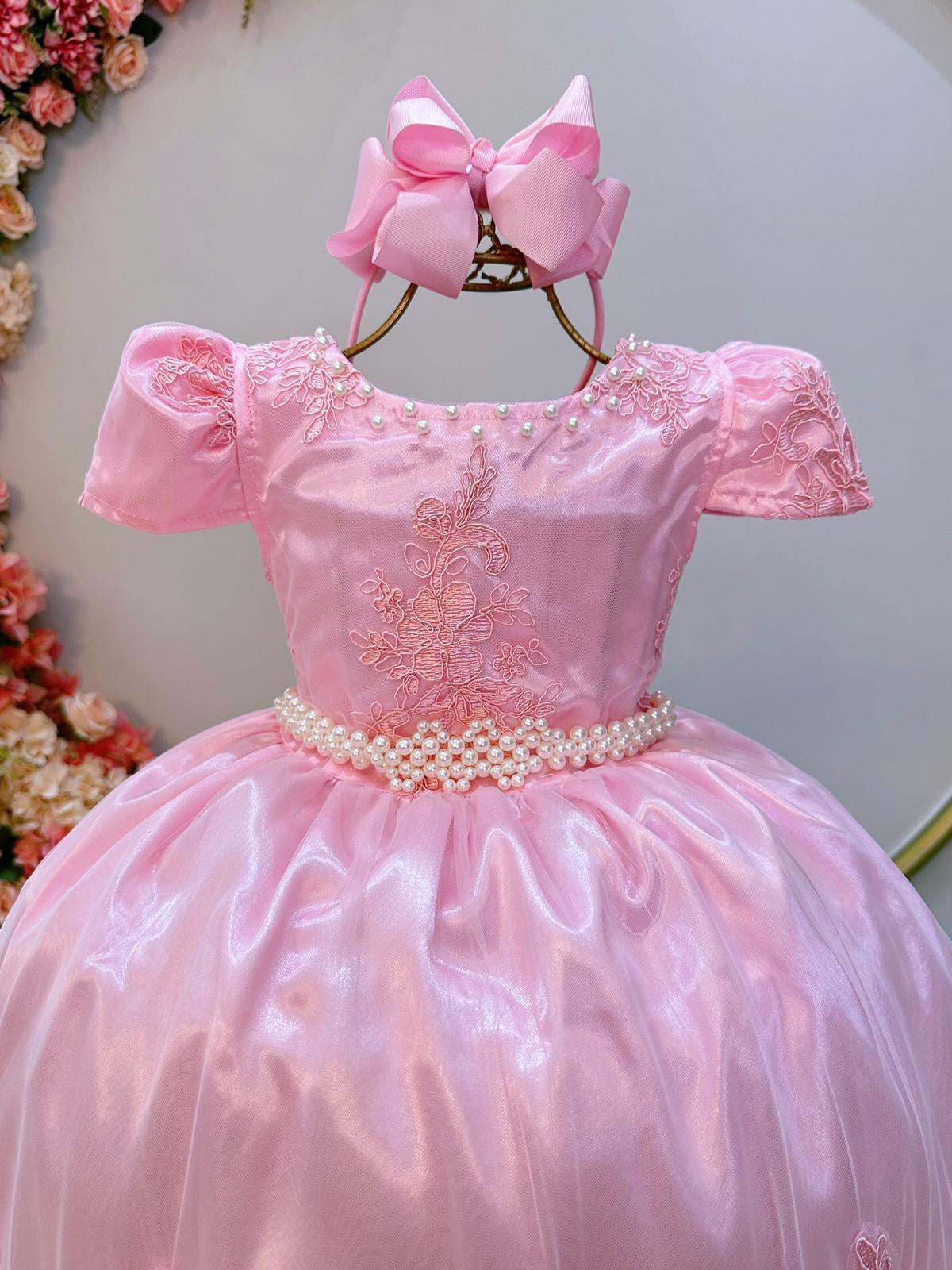 Vestido Infantil Rosa C/ Renda Realeza Casamento Festas