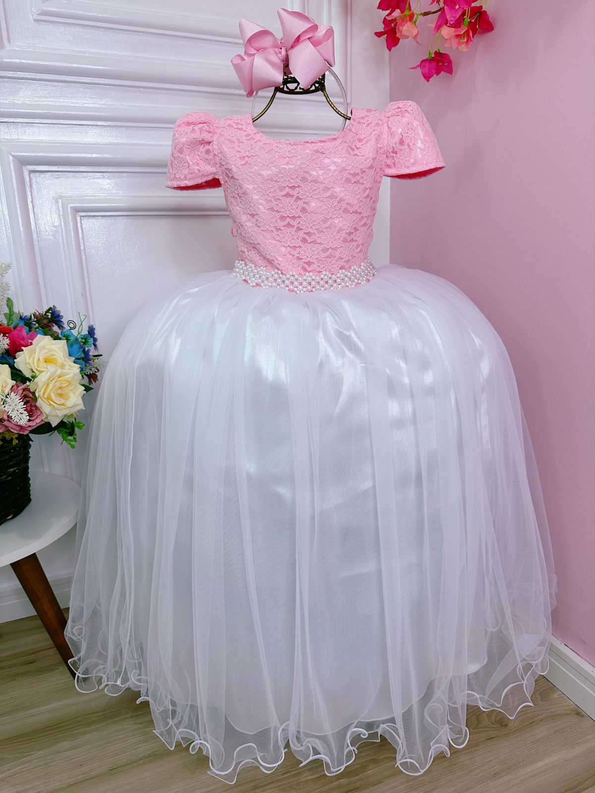 Vestido Infantil Rosa C/ Renda Saia Branca Damas Longo