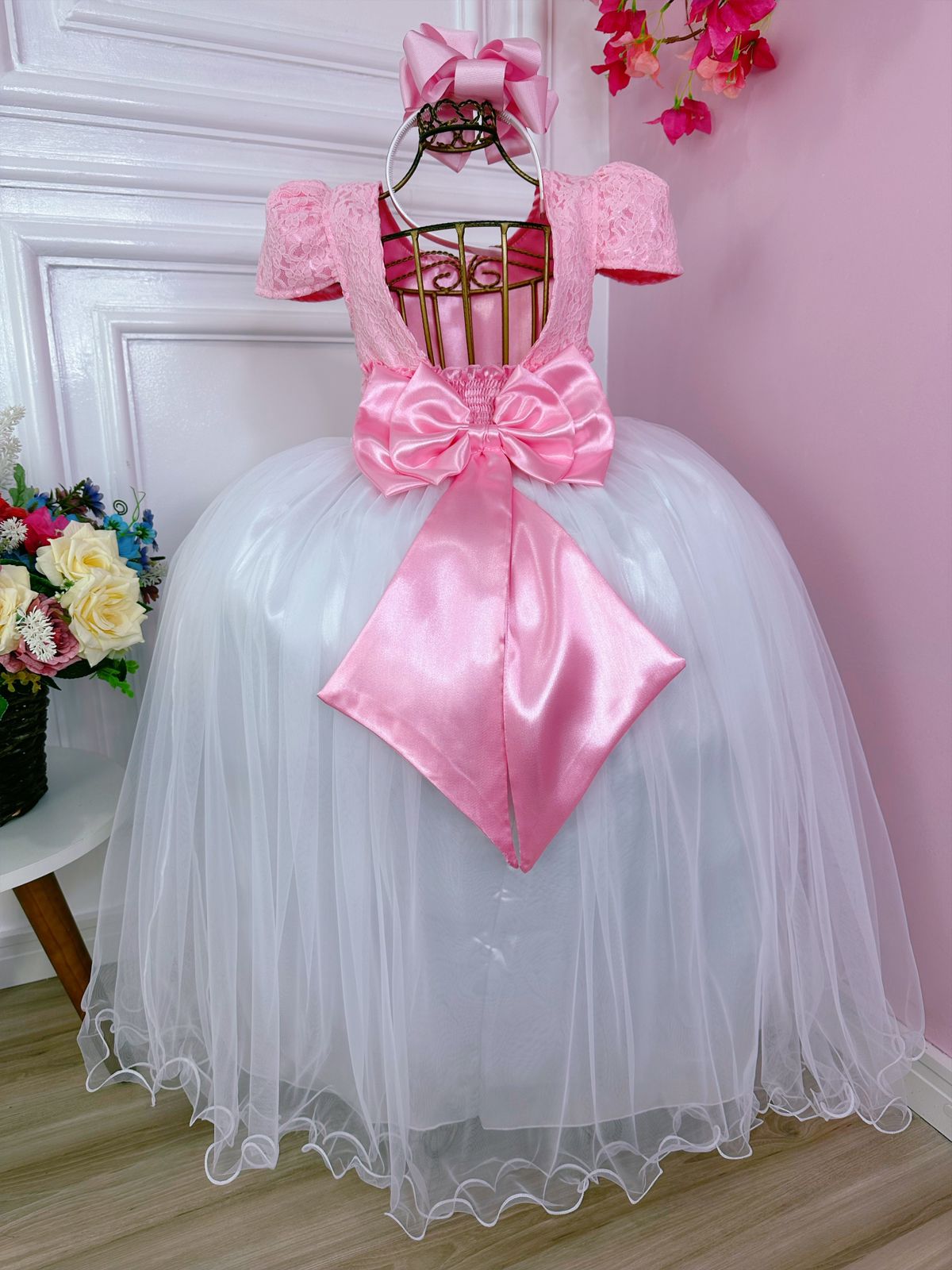 Vestido Infantil Rosa C/ Renda Saia Branca Damas Longo