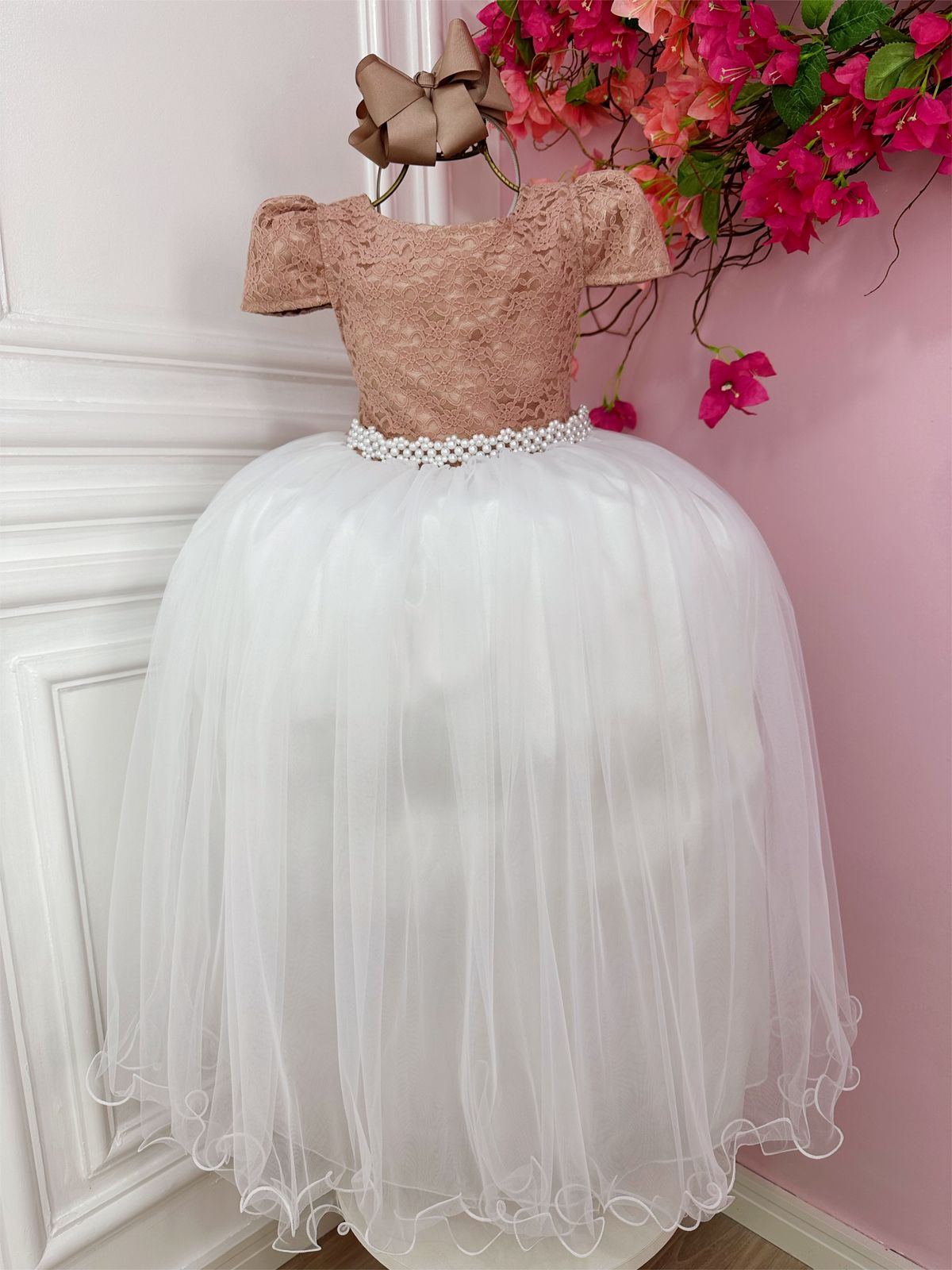 Vestido Infantil Rose C/ Renda e Saia Branca Damas Longo