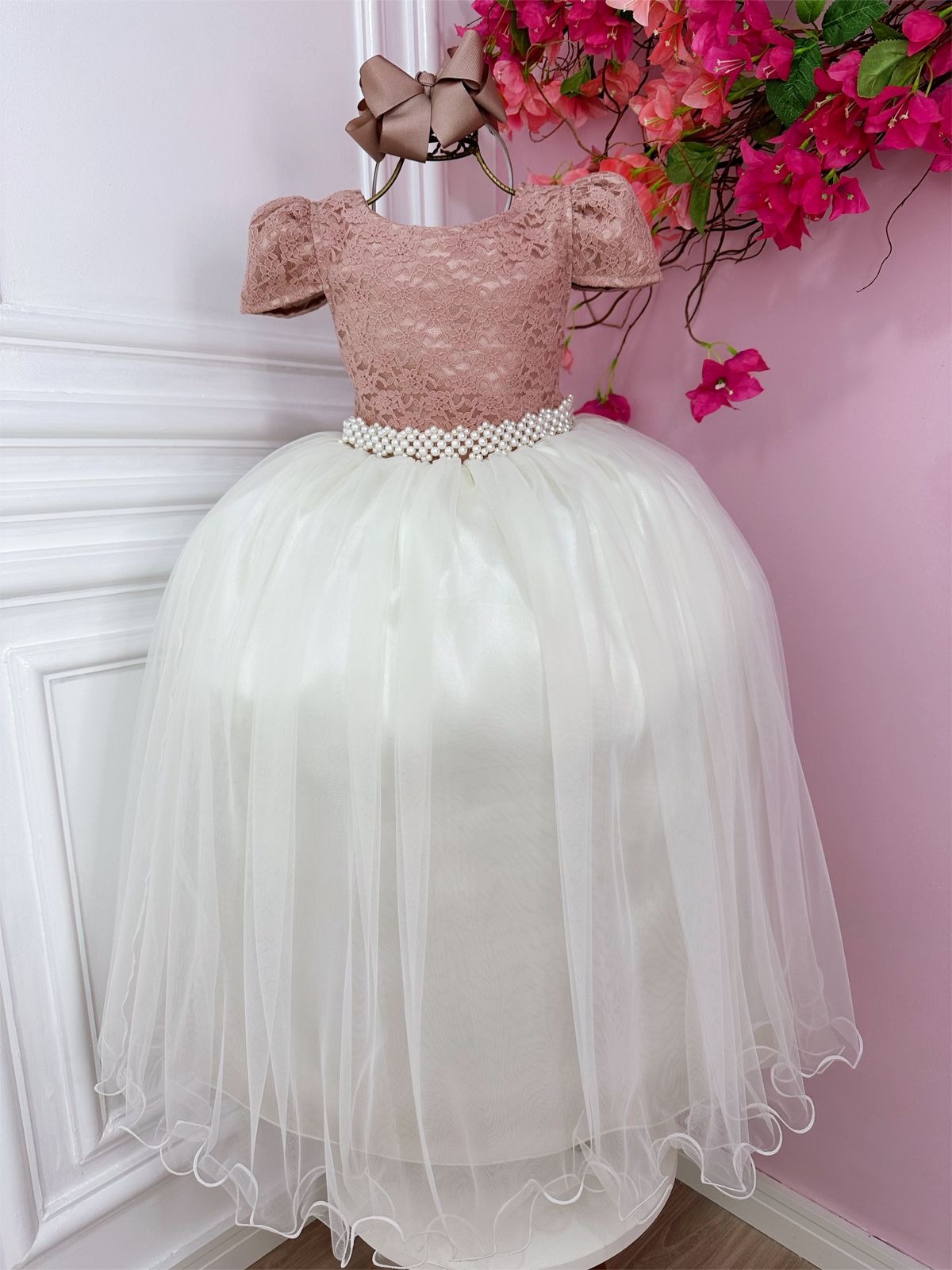 Vestido Infantil Rose C/ Renda e Saia Off White Damas Longo