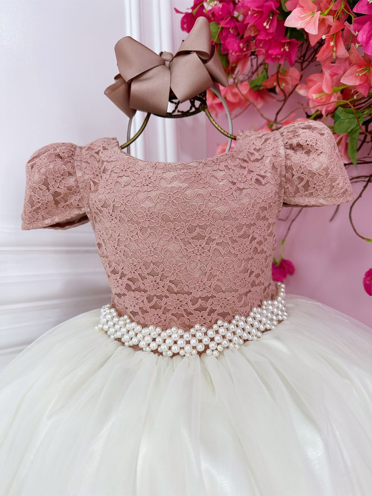 Vestido Infantil Rose C/ Renda e Saia Off White Damas Longo