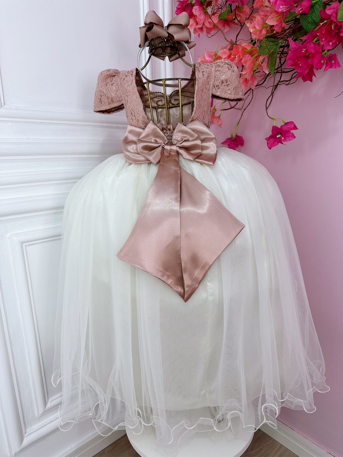 Vestido Infantil Rose C/ Renda e Saia Off White Damas Longo